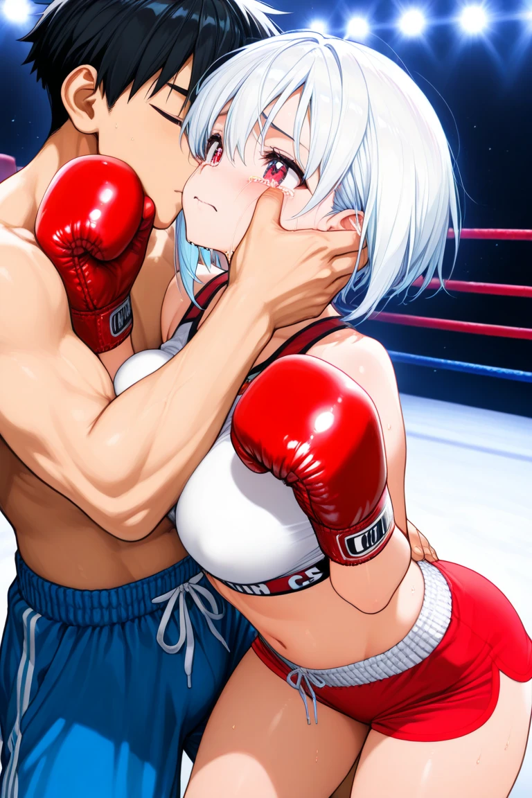 ((((1woman,tall stature)))and(((1shota boy,short stature)))),(height difference),((((hetero)))),(((1woman,(((((tall stature,curvy)))),long hair,curly hair, grey hair,grey eyes,large breasts,pale skin,shiny skin,ahegao,fucked silly,trembling,erectile nipples,((wearing band uniform)),(((wearing kneehighs))),((vaginal,sex)),(missionary,lying on back),from above floor,clothed sex,intercourse with a shota boy,(excessive cum),cum in pussy,cum on breasts,cum on body,cum on clothes,facial,bukkake,cum in mouth,cum on hair,(((1shota boy,((short stature))),penis,dark-skinned shota boy,interracial,Boxing Gloves,(((boxing ring))),(((masterpiece))), (((best quality))), ((ultra-detailed)), (illustration), ((an extremely delicate and beautiful)), (detailed background),