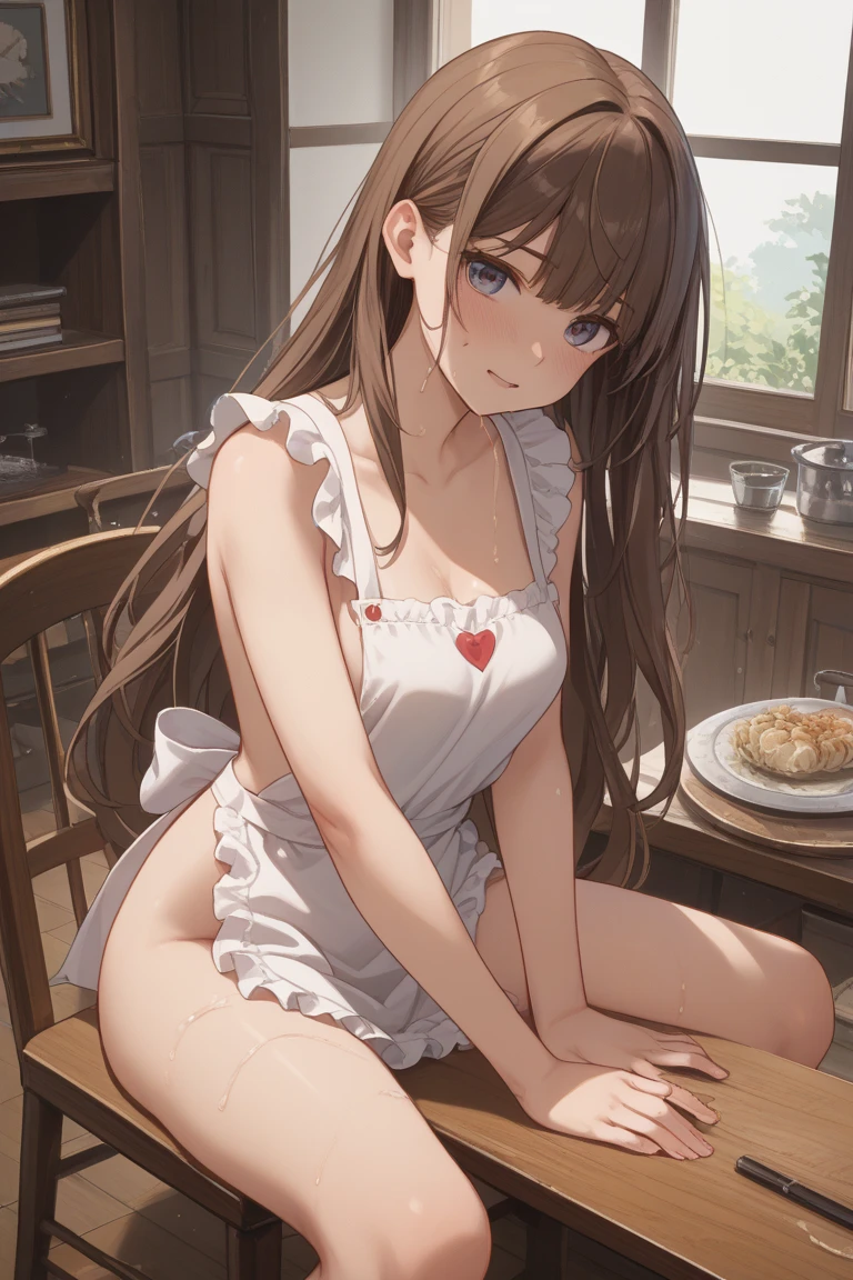 Plain white china dress with black string side opening, sleeveless knee-length cleavage,Brown hair long hair dumpling twin tail, black hair ribbon,white China shoes, Barefoot,About 16 years old,