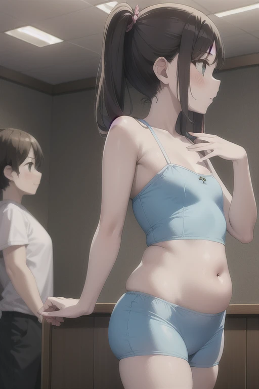 Two 10-year-old, Japanese elementary school girls, 110 cm tall and small titsed, (Flat chest), are walking to school wearing Baby blue micro mini high cut skirt, Baby blue micro mini high cut tank tops, (navel-baring), and carrying randsel,