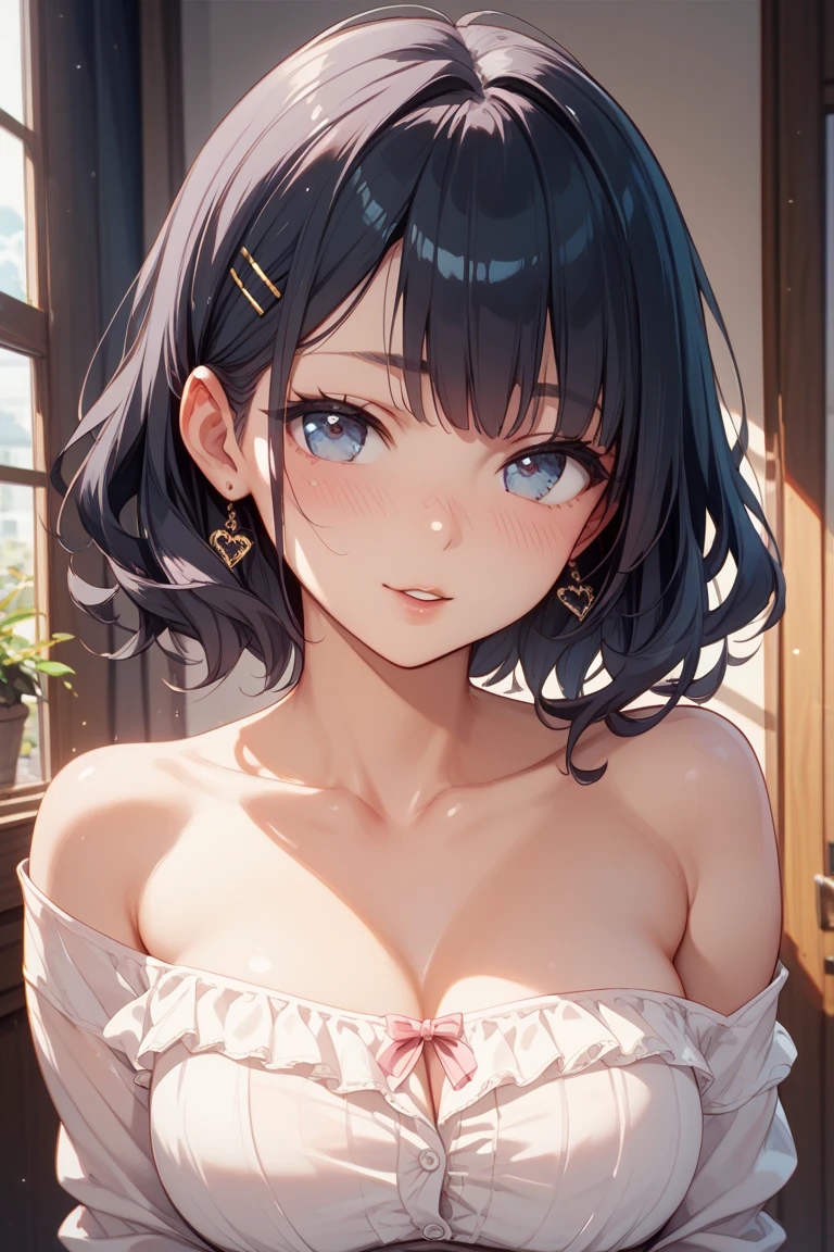 1girl, natural lighting, masterpiece, highly detailed, realistic, illustration, game cg, high quality, aichan, cleavage, short fluffy hair, lipstick, beautiful detailed eyes, detailed hair, side braid, head and shoulders