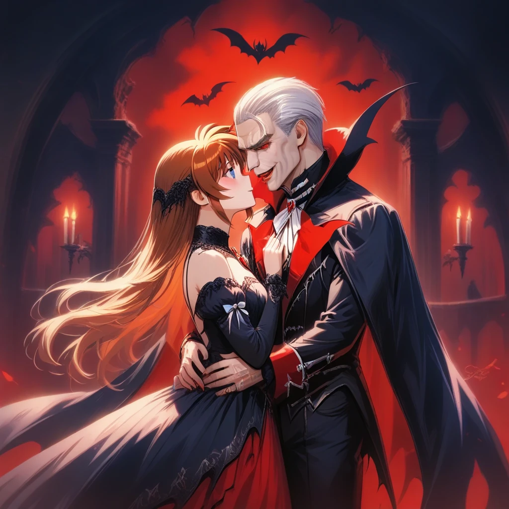 ((Highest quality)), ((masterpiece)), (detailed), (Perfect Face)、The woman is Princess Leona, a vampire and Countess of Dracula, with medium-long light brown hair and a Countess of Dracula costume with a vampire cloak.、A woman is embracing the majestic vampire Count Dracula