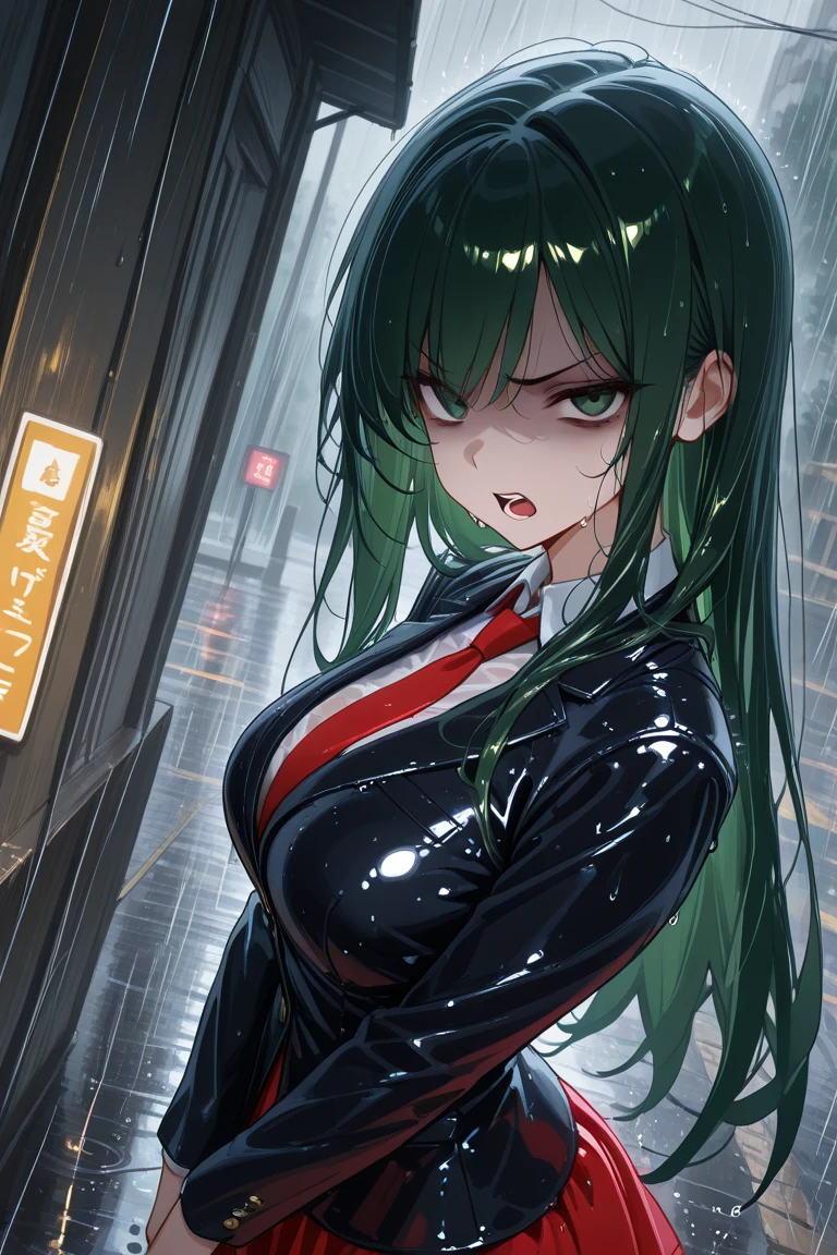 Green hair,super gigantic breasts,Excitation,With his back to the camera,weeping,Heavy rainy days