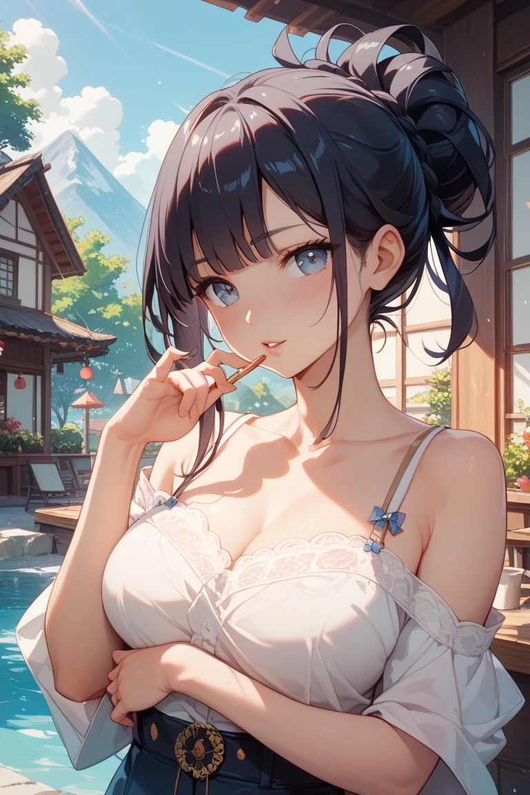 (((masterpiece, best quality))), (((superior quality))), cute girl, ((extremely detailed girl)), (huge breasts), (yukata), (bare shoulders), strapless top, slight smile