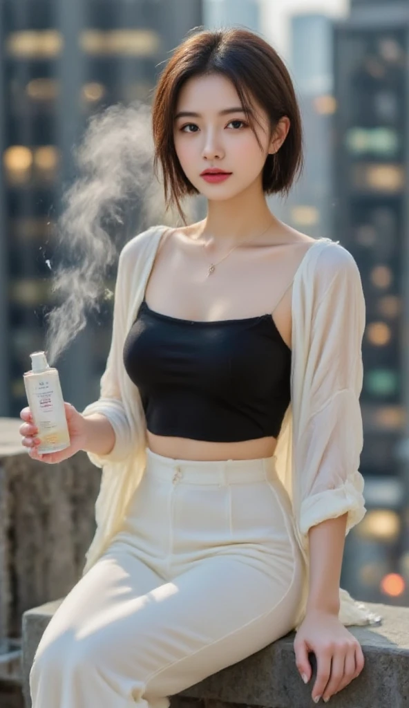 White fox, pink eyes, Also tattooed, Uterine tattoos, short hair, black hair, Men's sweaters, girl , Bisexual man, furry, night city, glowing eyes, no feelings, Long tail, Songkran ,Miss Songkran ,Thai national costume