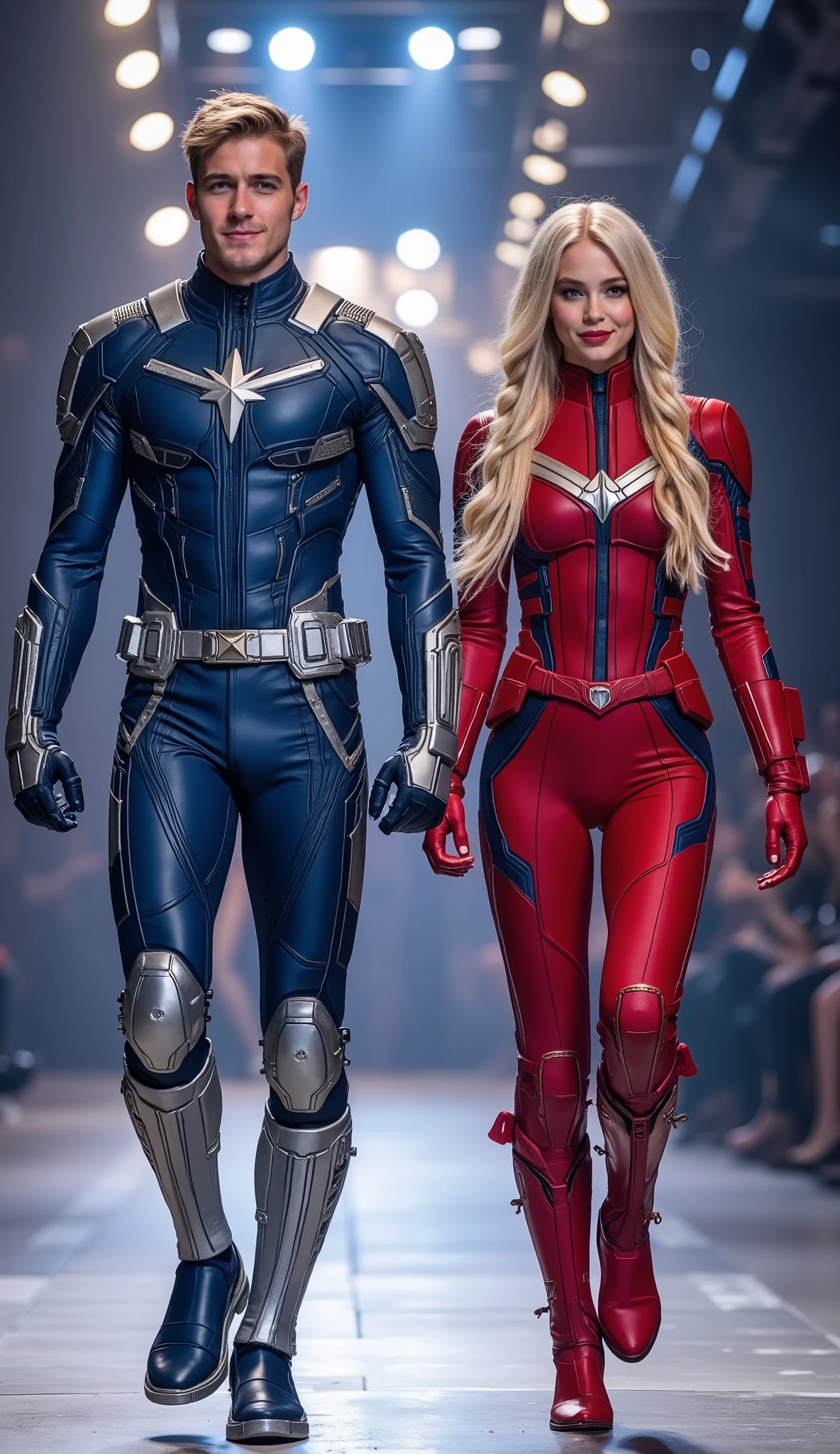character: young man blonde hair wearing futuristic blue captain Marvel body suit with silver armor futuristic blue accents , and young women blonde Two braids hair Long Bangs Wearing futuristic red captain Marvel body suit with silver armor futuristic blue accents. Their facial skin is pale.
action: Walk straigh. They look at the camera.
Expression : smiling.
Background : On the runway stage with dynamic lighting from all sides. Lighting from the front. They radiate happiness as they walk confidently in their costumes. full body view.