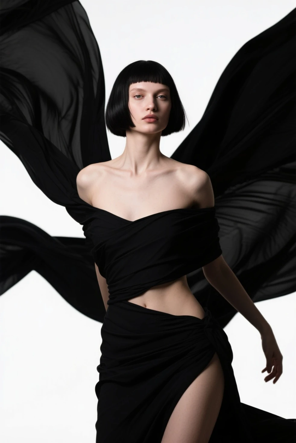 A stunning, high-realistic, studio photograph of a skinny slender scandinavian woman, (Ingrid Mueller) 35 years old, goth woman. black dyed hair , sidecut and braided hairstyle dancing, pale skin . make-up, dancing . clothed only in intricately draped, flowing black silk scarves, evoking a sense of elegance and grace. Captured in a monochromatic color palette, the black and white tone amplifies the textures and shadows, adding depth to the fluid, energetic movement of the subject. Soft, diffused lighting accentuates the woman's sinuous curves, as her slender limbs seem to blur in motion, exuding a sense of freedom and joy.