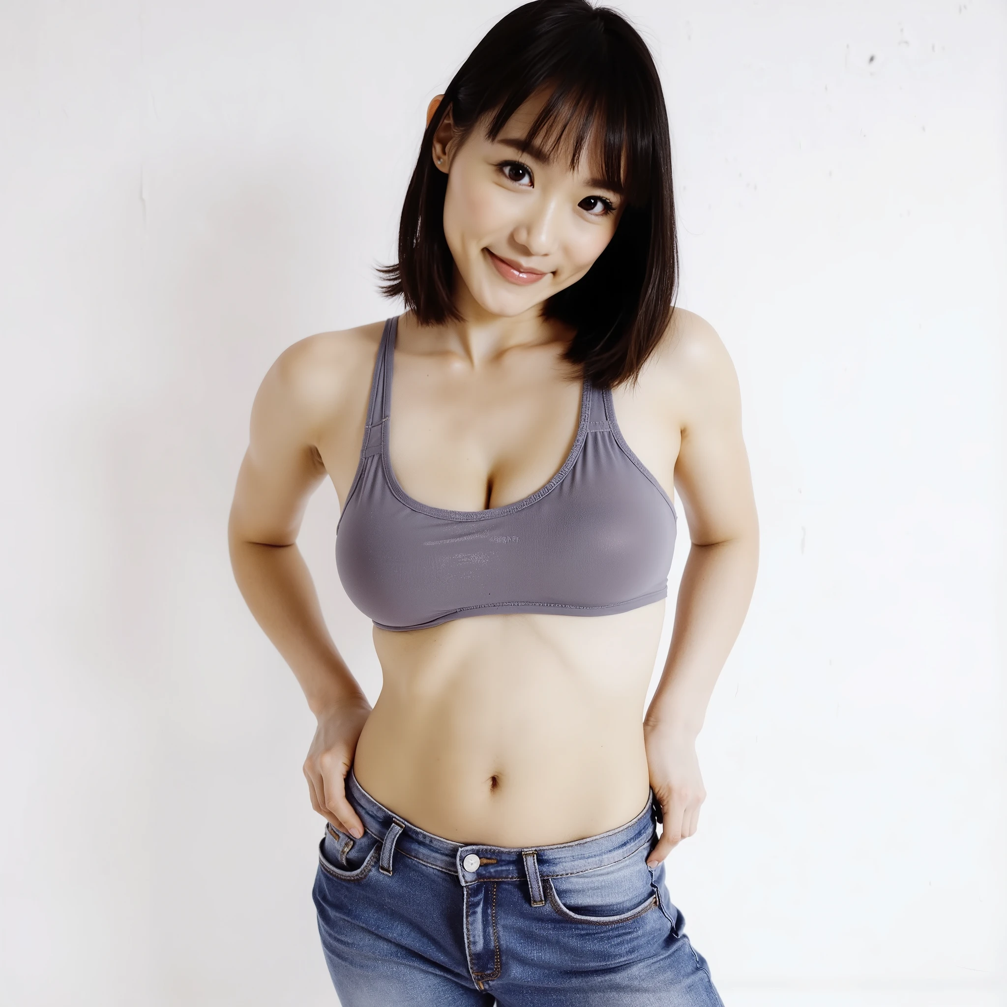 Ultra-realistic 8K studio photo of a beautiful Asian woman with straight dark brown hair and a natural smile, wearing a modern gray Calvin Klein sports bra and matching thong with white elastic bands branded “Calvin Klein.” She is in the middle of lowering loose-fitting blue denim jeans, revealing the full branded underwear set. Her pose is slightly angled to the side with one hand on her hip and the other adjusting the jeans, exuding confidence and playfulness. The background is solid white, high-key lighting eliminates harsh shadows, creating soft, clean contours on her skin. Sharp focus on skin texture and fabric details, realistic soft light reflections on the body. Anatomically accurate proportions, photorealistic lighting and shadows, smooth skin texture, no distortions, fashion catalog style. Professional editorial photo aesthetics.