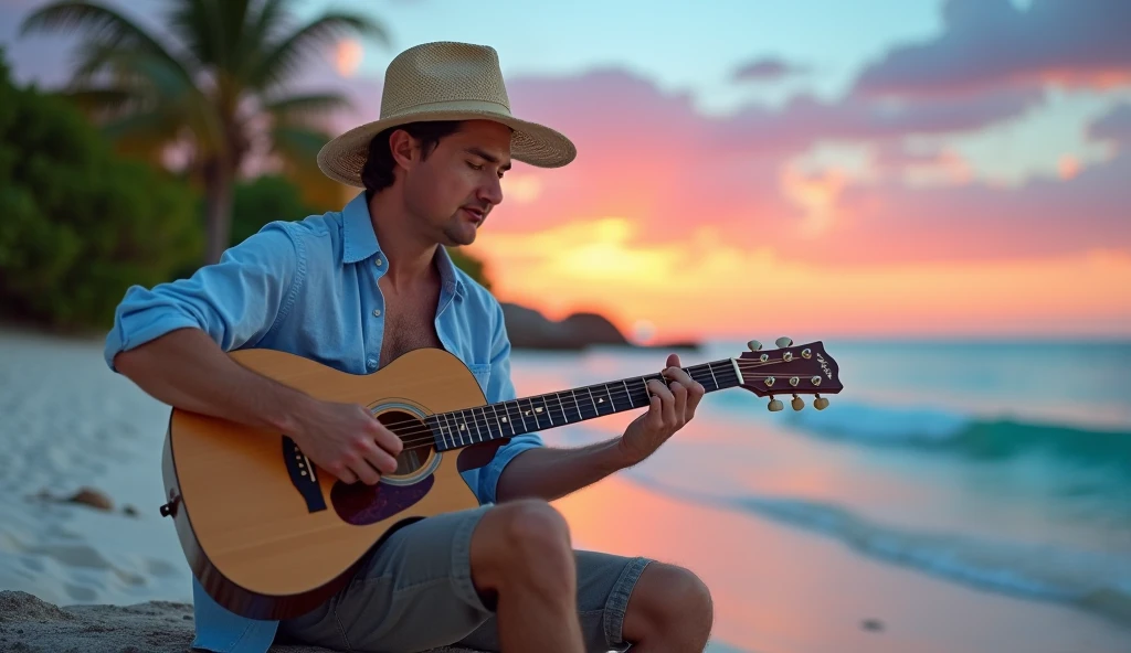 A young man wearing a swimsuit and playing an acoustic guitar