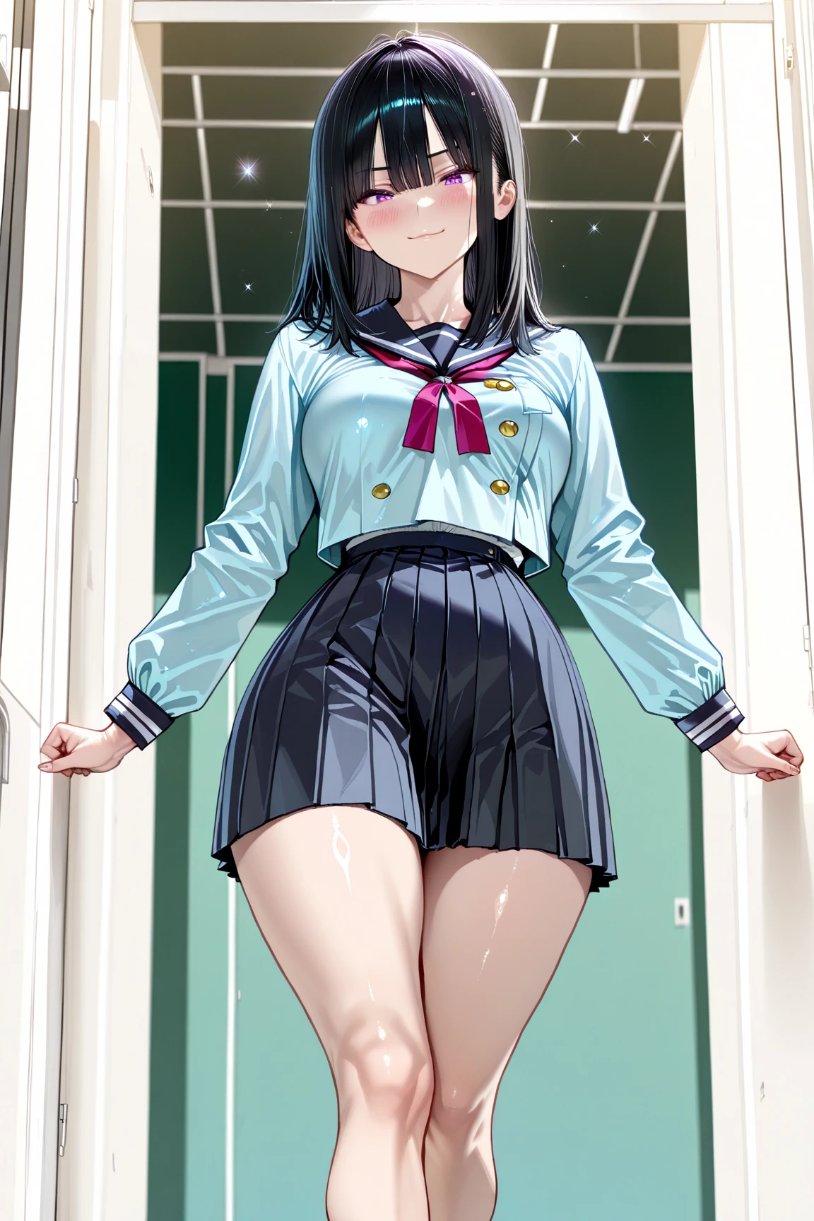 Korean girl
,Wearing glasses, a school uniform that was taken off about halfway, revealing a small white bra.
,White pleated short skirt
,short skirt
,Black messy bun
,blue eyes
,small waist
,See the thighs and back and shoulders.
,In a public restroom
,Barefoot
,I'm sweating a lot.
,Open your mouth wide
,shy
,Squint
,Both eyebrows are raised.
,Thin eyebrows, not too dark
,High nose
,Medium bust
,Wet legs
,Not obscene, big ass,small,
White condensed milk was spilled all over the body.