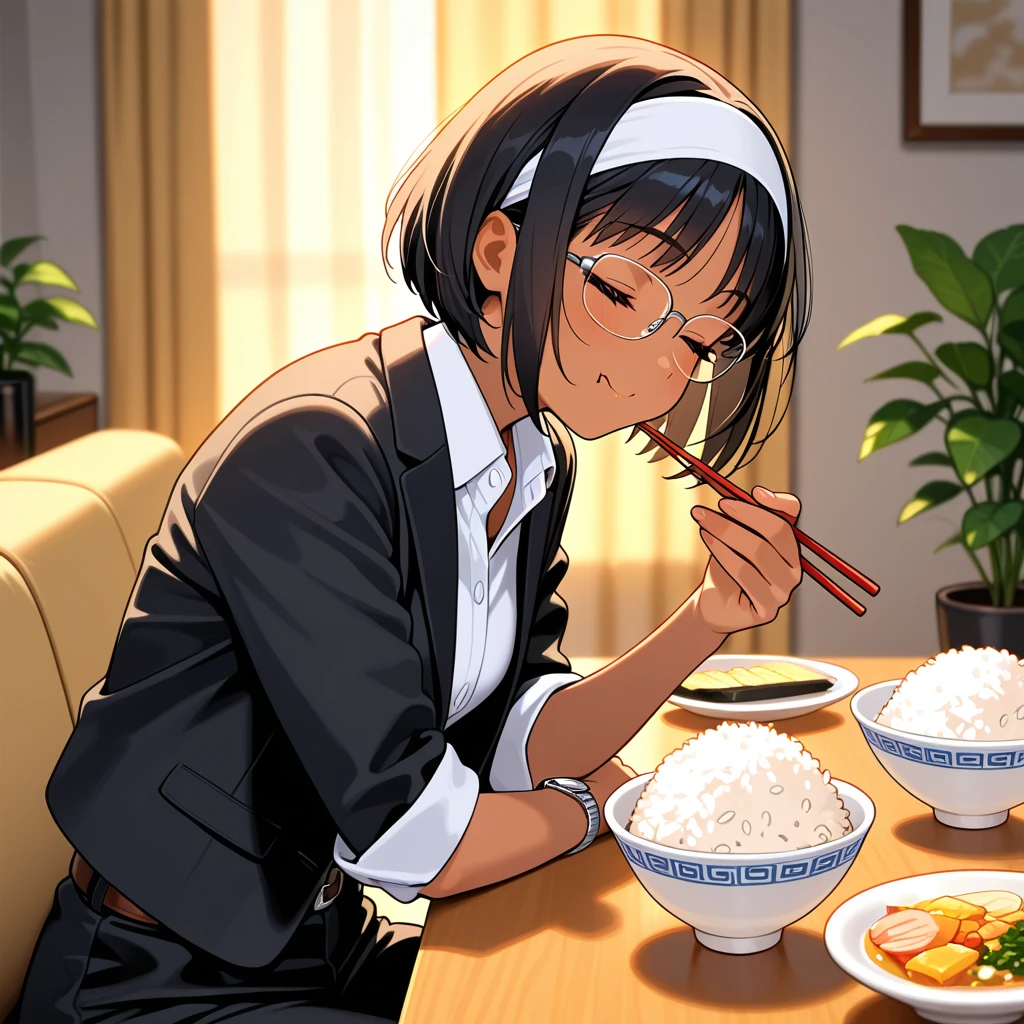 One Woman, Solo, Black Hair, Short Hair, Eyes Closed, Short Bob, (Dark Skin), With Bangs, Sitting, (Eating a Bowl of Rice with Side Dishes on the Table)), Smiling, Happy Expression, (Holding a Rice Bowl in Her Left Hand and Chopsticks in Her Right Hand)), (Indoors, Warm Lighting, Upper Body, Glasses, (Black Suit Jacket, Sleeves Rolled Up)), Open Jacket, White Collared Shirt, Silver Watch, (White Headband)), Black Long Pants, Brown Belt, Plants, Curtains, Home. Jacket, Sleeves Rolled Up)), Open Jacket, White Collared Shirt, Silver Watch, (White Headband)), Black Long Pants, Brown Belt, Morning, Plants, Curtains, Living Room at Home, ⦅, Perfect Hands, Cute, Blurred Background, Masterpiece, Very Beautiful! ,,masterpiece,best quality,,,