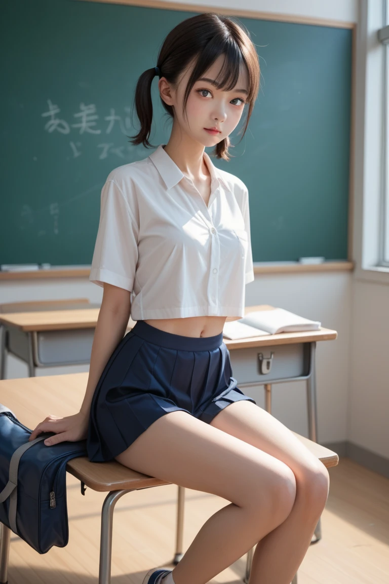 ((of the highest quality, 8K, masutepiece: 1.3, Raw photo)), Sharp Focus: 1.2, (1 AESPA Girl :1.1), Solo, (Realistic, Photorealistic: 1.37), (Face Focus: 1.1), Cute face, hyperdetailed face, brunette short messy hair, small breasts, flat chest, thigh, full nude, (taking off the black chiffon sox: 1.3), sitting, classroom, flower, lily
