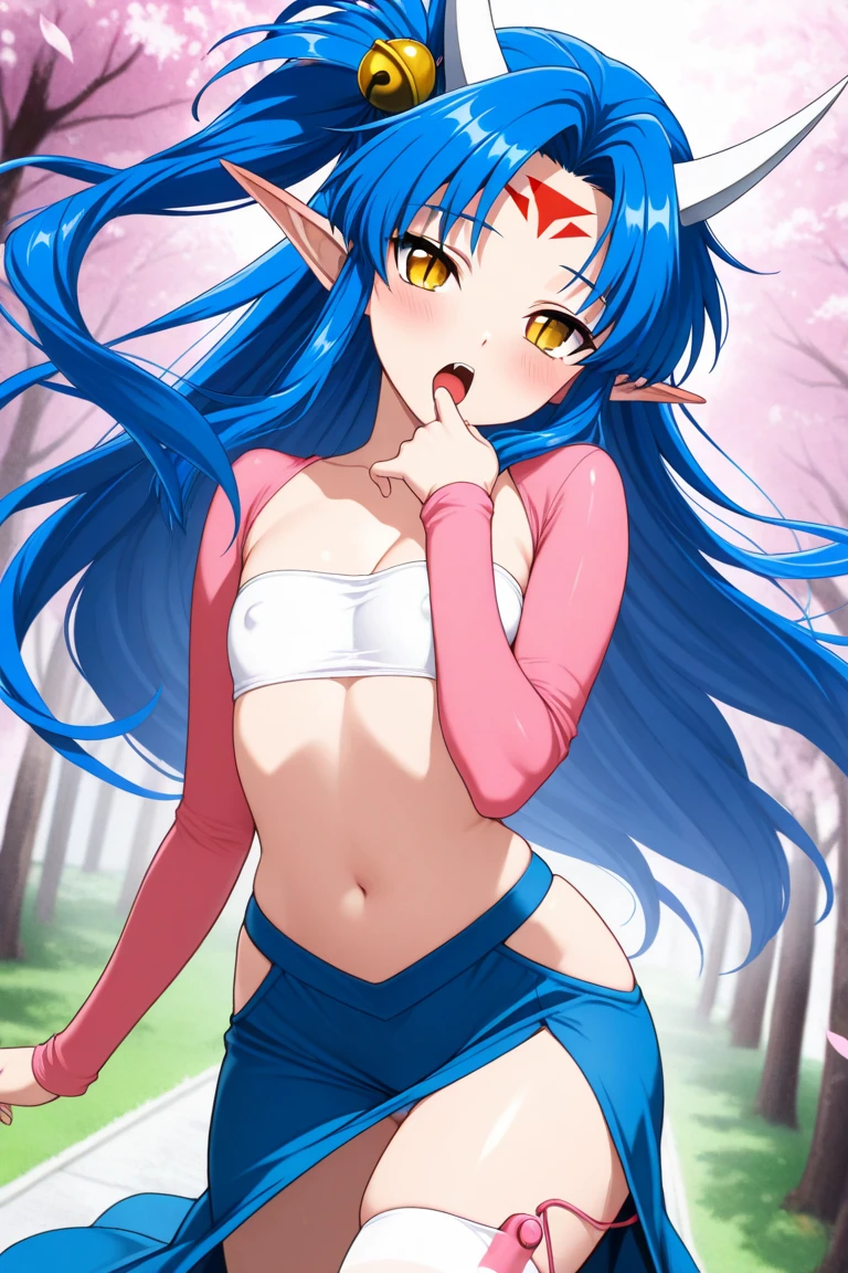 1girl, solo, blush, open mouth, , mature female, blue hair, long hair, bangs, blue eyes, large breasts, bdsm, bondage, rope, restrained, bound wrists, navel, cum, facial, cum on breasts, squatting, widely spread legs, arms up, armpits, naked, nsfw, nature background