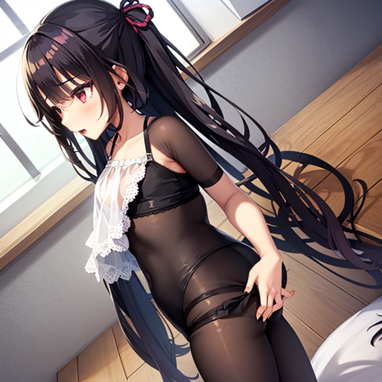 1girl in、Composition from above、Lying on a white bed facing the front、Lower body facing forward、Slender feet、Pointing straight up、Sleeping in a big letter、legs are spread、Hands are slightly raised up、the lower body is directed upwards、Panchira、Full body portrait、brown haired、Longhaire、Medium long haircut、Eyes open in embarrassment、red blush、Black_stockings、black transparent stockings、Black stockings、Black pantyhose、Black Lace Pantyhose、black lence stockings、Black sheer pantyhose、Black transparent pantyhose、No shoes、No shoes on、White background under stockings_Bai_panties on、White underwear、white  panties、Skirt taken off、I don't wear a skirt、White bra、Underwear、Japanese high school students、Bedrooms、inside the house、during daytime、（small tits）、((full bodyesbian))、​masterpiece、（top-quality）