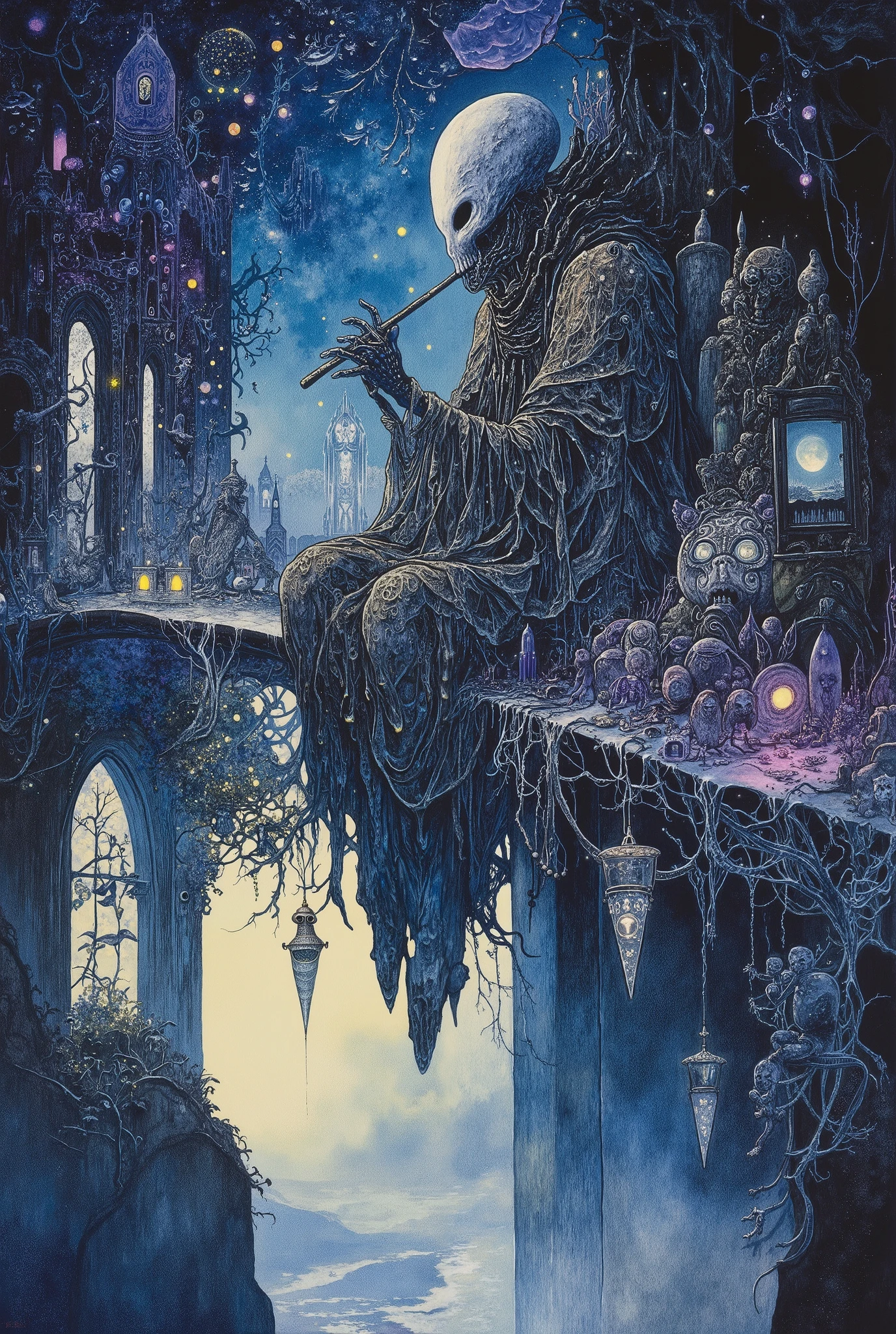 Dark fantasy painting: a detailed depiction of a utopian fantasy dream world with many subtle and impressive details: a floating ephemeral city woven of silver threads and luminescent patterns, where the Weavers of nightmares — disembodied creatures in translucent robes and moonstone masks — transform darkness into harmony.The scene depicts a Weaver playing a flute-like instrument and turning a shadow into golden fireflies.The Weaver- a tall dark creature with elongated, almost spider-like limbs, a cloak of smoke-moving shutters of darkness and pockets from which shadows flow, a bony, deathly pale face with sunken eye sockets, from the depths of which cold neon light pours.  The surreal architecture resembles organic delicate amulets, and the bridges are made of flashes of frozen light. Bioluminescent, luxurious, fantastic plants bloom luxuriantly inside, with tiny dream scenes scattered in the night space, and hybrid creatures (owl, deer, butterfly fish) roam freely in the air. Color palette: iridescent dark blue, purple and poisonous green accents, lavender and pearl white with soft glow effects. Style: The combination of surreal Mobius landscapes and the whimsical, detailed, dreamlike atmosphere of Studio Ghibli, inspired by Zislav Beksinsky and Victorian Gothic prints, is a highly detailed digital painting. Breathtaking wonderful atmosphere of mystery and suspense.