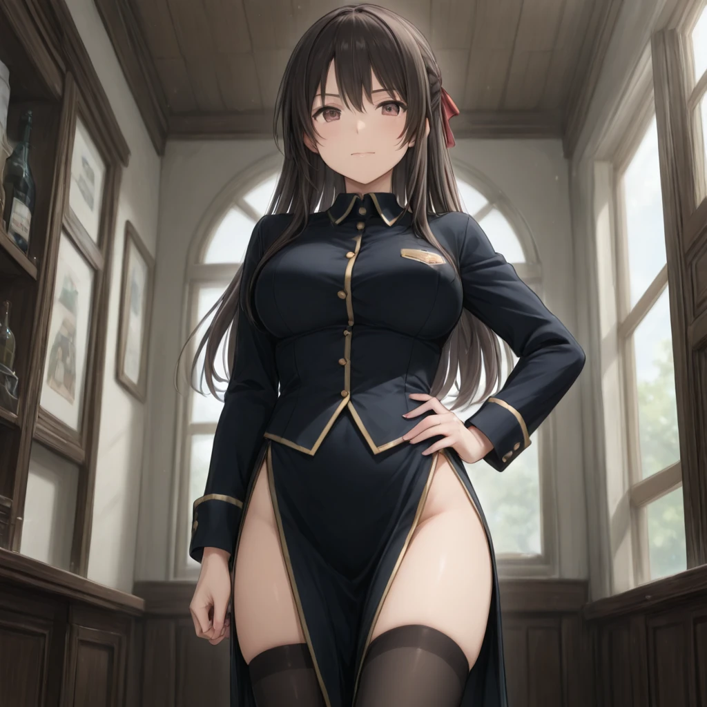 masterpiece, Highest quality, Very detailed , MyjmSkr-KJ, Black Skirt, View your viewers, smile,School Swimsuit、Long Hair, alone, Large Breasts, Spread your legs, Look down,From below,