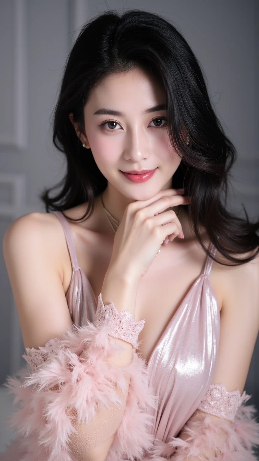 (((best quality))),(((ultra detailed))),(((masterpiece))),illustration,((1girl,solo)),(shoulder-length bob:1.2),(black hair:1.3),((bright eyes,flawless skin)),((slim,thin)),((small breasts,flat chest)),(dog collar with a bell:1.2),(pink sheer dress:1.3),(slender legs:1.2),sweetheart neckline,innocent yet alluring,(In a pink princess theme bedroom:1.3),(sitting on colorful gift box:1.3),wonderful expression,big bows,festive atmosphere,balloons and streamers,sunlight streaming in,radiant smile,anticipation,joy and excitement,capturing a moment of pure happiness,((from front,upper body))