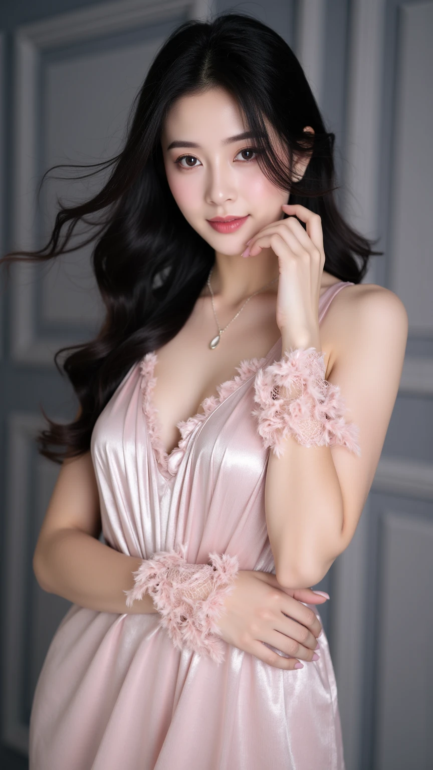 8K, UHD, MAsterpiece, best quality, 1 girl, (realistic face), very long hair, small breasts, decorated dress, very beautiful ornaments dress, pink color, lace, mesh dress, sardine, loops, ipllers, depth of field, light from the front, Light shines into the face, knee short, Calf raise (one foot), Candid laugh