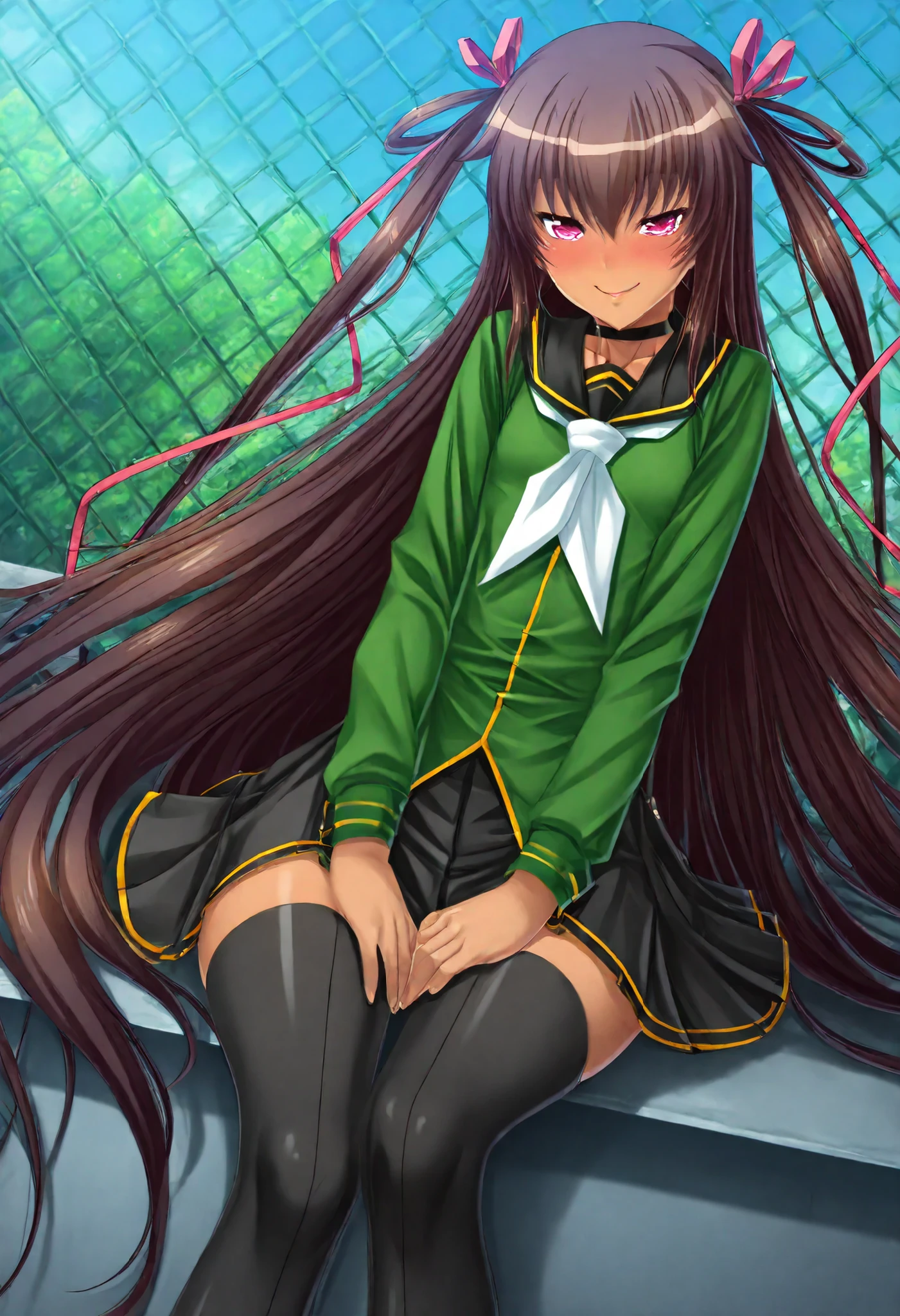 source_anime, taimanin \(series\), taimanin yukikaze, aoi nagisa \(metalder\), (masterpiece:1.3), best quality, ultra-detailed, official art, (visual novel style:1.4), anime CG, vibrant colors, soft shading, delicate linework, expressive eyes, detailed hair flow, dynamic lighting, intricate clothing folds, character accurate, game screenshot aesthetic, high contrast, slight rim light, from below, dutch angle,
break,
solo, alone, sexy, looking at viewer, parted lips, half-closed eyes, sitting, legs together, hands on own legs, happy, smile, school, rooftop, outdoors, chain fence, back against fence, daytime, blue sky, sunlight,
break,
[1girl, shiny skin, shiny clothes, dark skin, dark-skinned female, tan, tanline, mizuki yukikaze, pink eyes, slightly glossy lips, small breasts, very long hair, brown hair, two side up, twintails, hair ribbon, one-piece tan, beautiful delicate hands, slender fingers, perfect manicure, gosya school uniform, gosha academy school uniform, school uniform, long sleeves, black pleated skirt, green shirt, serafuku, white neckerchief, black thighhighs, black choker],