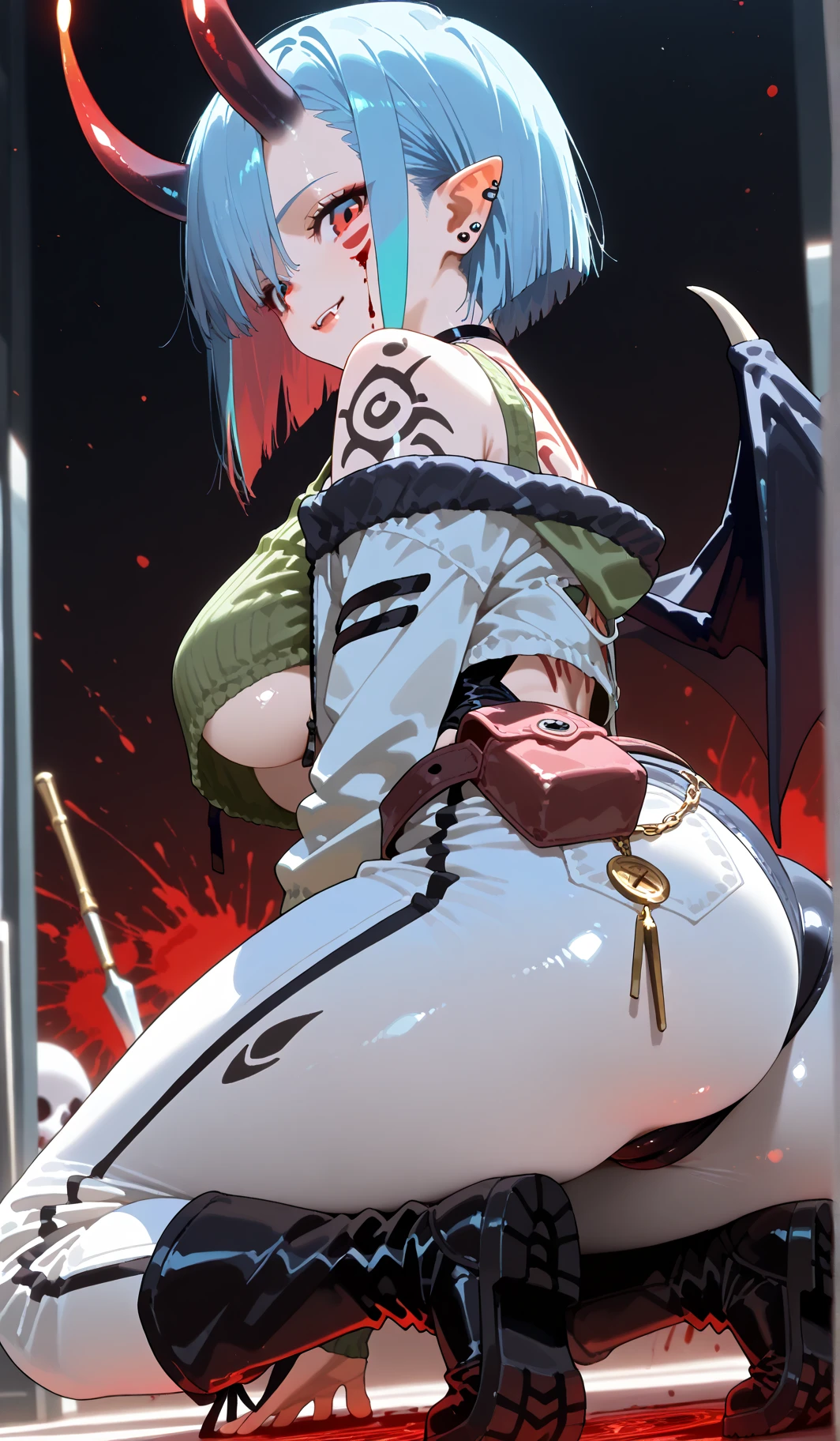 (((akatsuki robe with red clouds))), piercings, looking at the viewer, blue hair, (((standing inside dark room))), night time, busty, large breasts, high quality, 4k