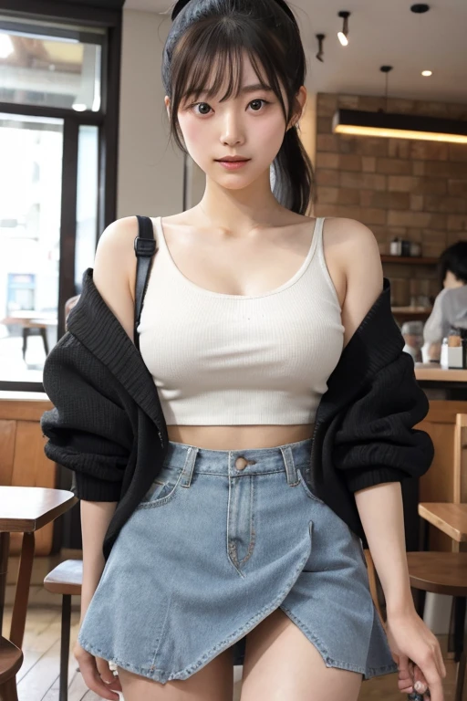 (8k、Original Photography、Top quality、masterpiece:1.2)、(Realist、Photorealistic:1.37)、Mini skirt、White shorts、skirt、Ultra Detailed、Full body posture、美丽的shrink、Leather Vest、sleeveless、Big 、Large Breasts、Ultra-high resolution、1 girl、Denim skirt、Low-rise mini skirt、Beautiful belly button、Beautiful thighs、Beautiful breasts、Linen ponytail、Short coat、Opinions vary、Beautiful and delicate face、a smile、shrink、(Slim waist) :1.3)、shirt、Beautiful and smooth skin、Texture、Floating hair、Professional lighting、