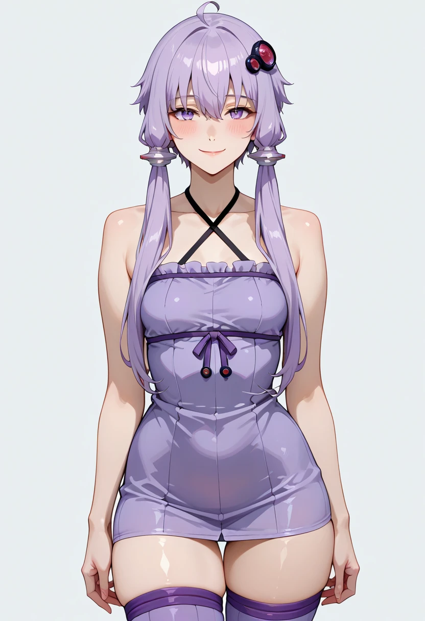 Anime, 1girl, solo, long_hair, purple_eyes, light_purple_hair, bare_shoulders, blushing, smile, upper_body, bangs, sidelocks, anime_coloring, white t-shirt, black thigh high socks, medium breasts, thick thighs, sexy pose, high res, best quality, masterpiece 