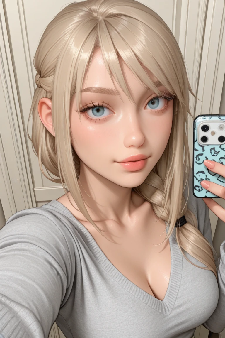realistic arafed woman with a white tank top and a necklace, with blue eyes, portrait sophie mudd, blond hair and large eyes, selfie of a young woman, bedroom eyes, violet myers, without makeup, natural makeup, looking directly at the camera, face with artgram, subtle makeup, stunning full body shot, piercing blue eyes, beautiful angle, attractive pose, cute girl, sexy pose, full body picture, full body, full body shoot, blondie goddess, high detail, satisfied pose, leather pants