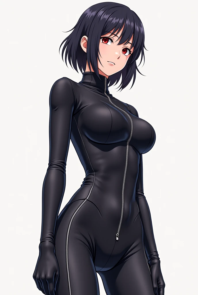 1 girl,Black tight suit,blush,Black Hair,Serious face,blue eyes,Are standing,smile,Large Breasts,Boyish hairstyle,short hair,Back view,back,Butt,Cowboy Shot,