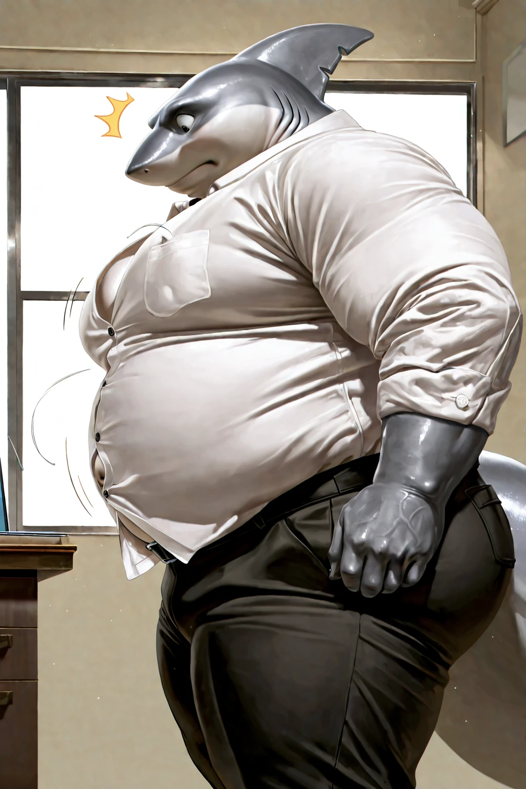 Author: bontiage, (1 boy), One, tiger, big bulge crotch, boner, pants, long sleeve plain shirt, necktie, Men's Second, kemono, hot body, muscle, Beautiful, sexual, Attractive guy, (Detailed black eyes), brows, (masterpiece, A high resolution, Best quality), 4K, a male, Beautiful shadow, evil grin, (front side:1.5), standing