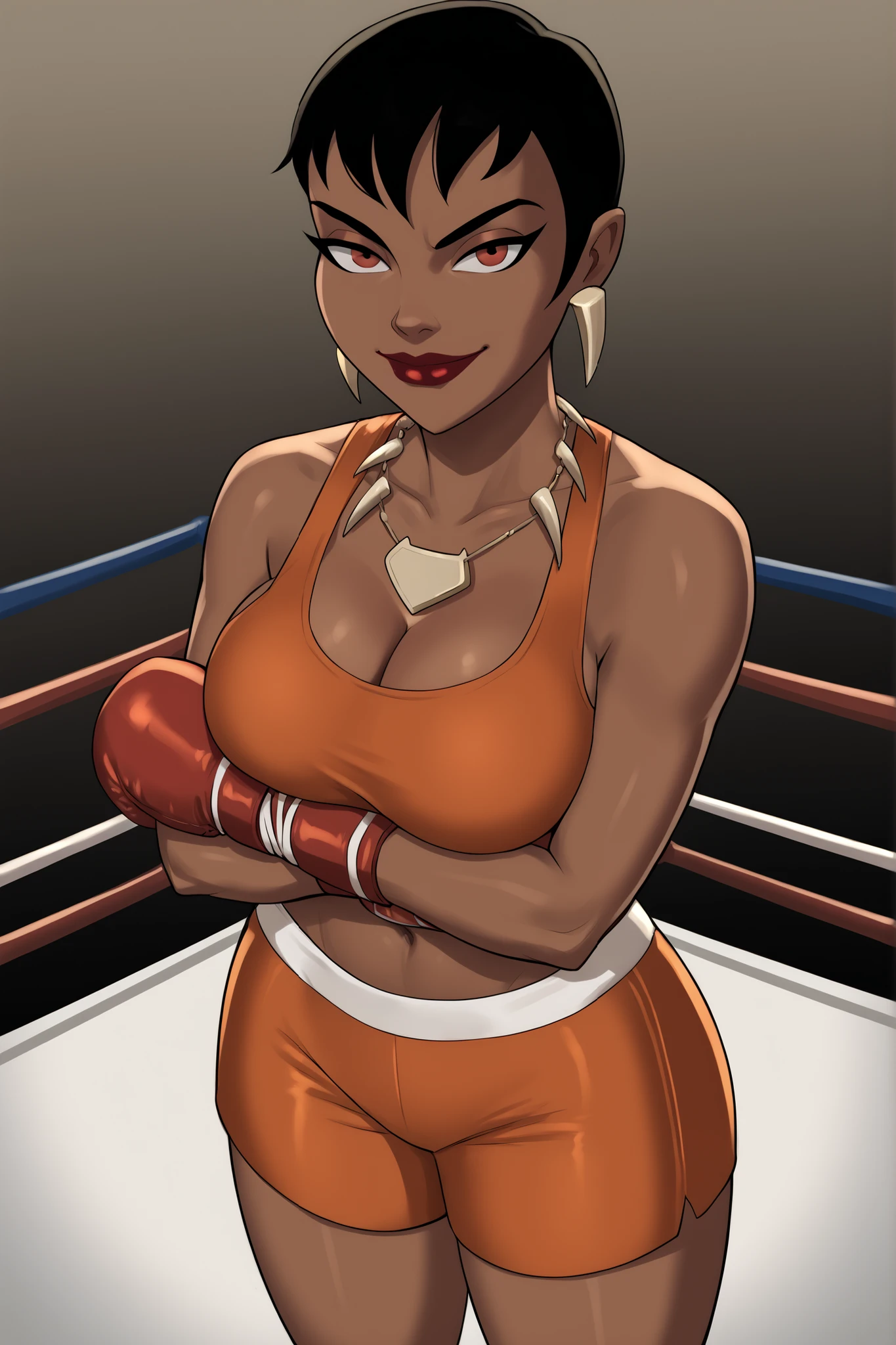 PonyXLV6_Scores BREAK (((parody)), perfect anatomy, perfect eyes, cowboy shot) BREAK mari mccabe, short hair, black hair, dark-skinned female, red eyes, ((looking at viewer)), jewelry, necklace, earrings, cleavage, orange sports bra, orange boxing shorts, large breasts, curvy, athletic, indoors, smile, closed mouth, boxing ring, determined expression, bedroom eyes, bright red lipstick, standing, arms crossed, crossed arms, closeup, portrait, facing forward, high-angle view