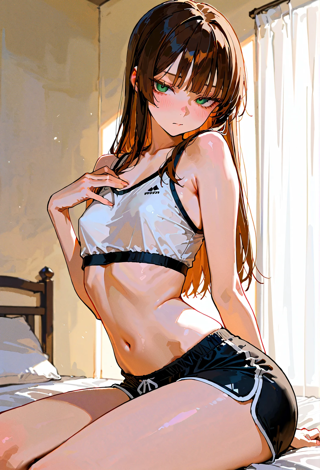 ((4K, masterpiece, highest quality)), 1 girl, anime, Light brown SHRT hair, red eyes, center parted hair, medium breasts, cute, blush, play sports often, morning, Sweat,pleated skirt, underwear, Low - Angle, spread your legs, whole body