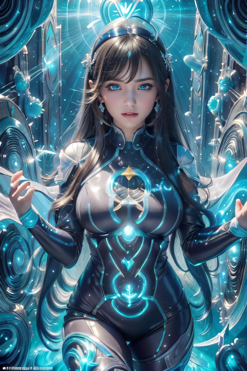 a full dynamic body shot, of a beautiful blue glass woman, and small and medium flowers made of blue glass, a greasy black background, 24k resolution