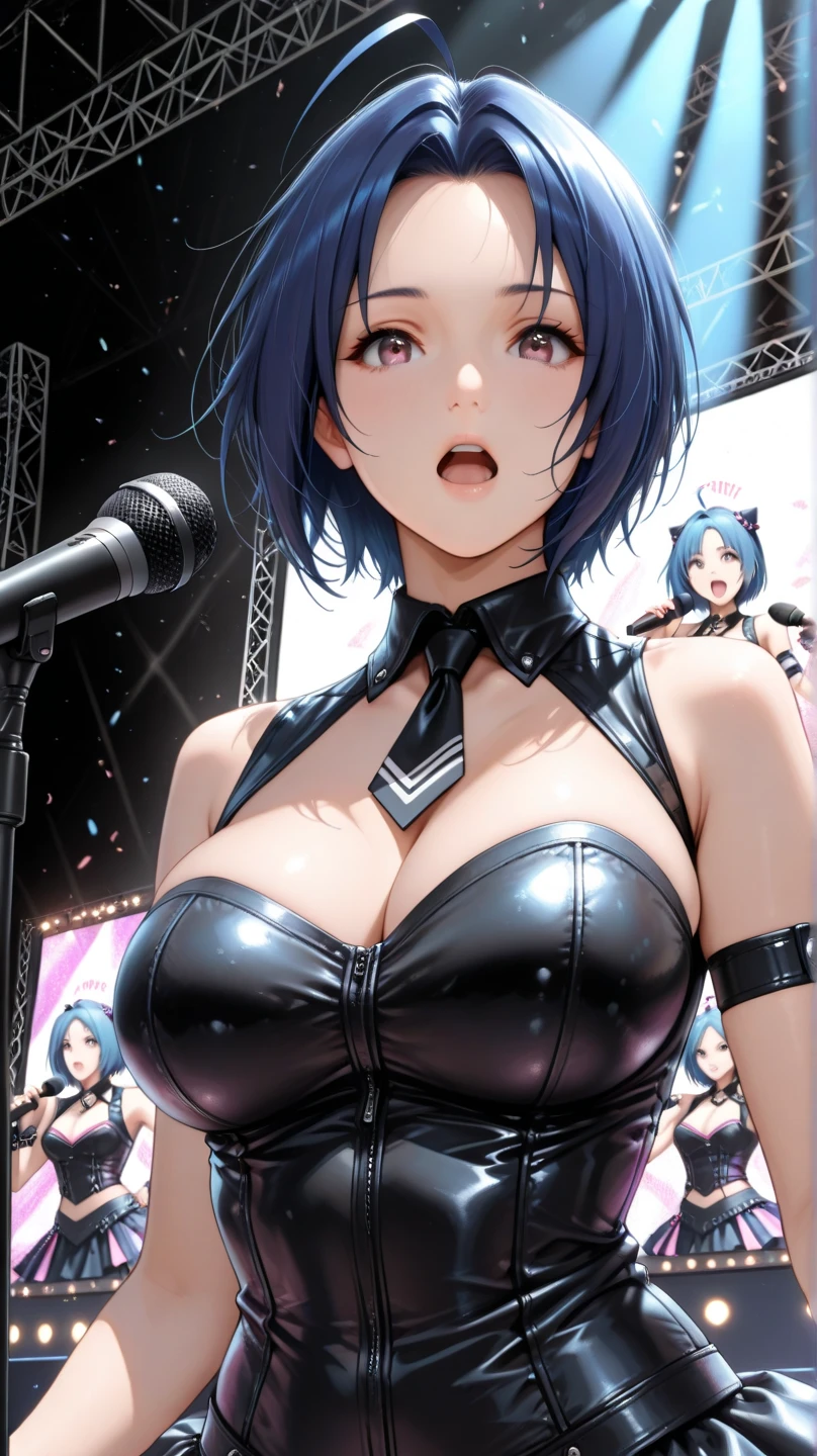 Highest quality,masterpiece,Hard rock band vocalist,Dark silver hair,Live Stage,Radical Slingshot Swimsuit,Small live music venue