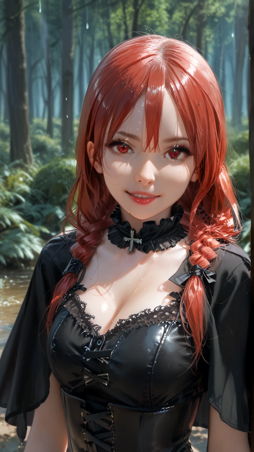 Anime girl with red hair and black cloak sitting on the bench，Spread your legs and take off your underwear and bra