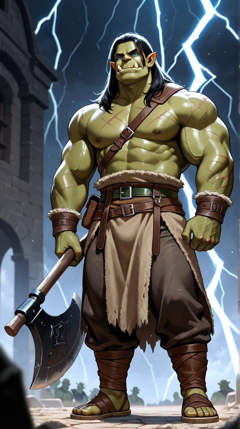 A man in front of a bonfire. Patchy green and white skin. Hyper muscles. Loin cloth. Big bulging crotch. Hyper crotch bulge. Hypnosis. Brainwashing. Brainwashed. Hypnotized. Growing tusks. Tribal orc warrior transformation. "Drums ... can't ... think. I ... Me ... Orc.... Lok'tar...." Growing muscles. thick brow ridge. Dumber and dumber. Brute.