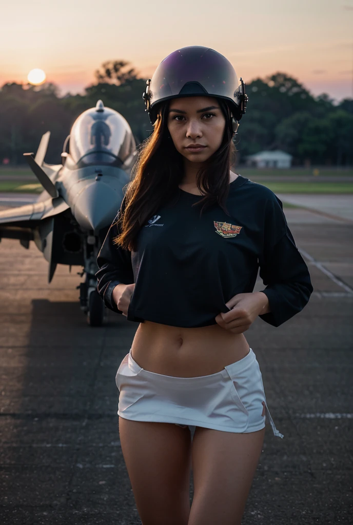 "Two gorgeous and lovely young sun-tanned South American female aviatrix from the India Continent dressed in silver-grey overalls, black boots and gloves, black flight gear, are sitting on two red and white and metal blue tool boxes in front of a Control Tower. Detailed facial features, realistic hair strands, high-quality rendering, photorealism, detailed attire, authentic lighting, detailed writing with letters, camouflage and national insignia on aircraft, dynamic pose, atmospheric lighting."