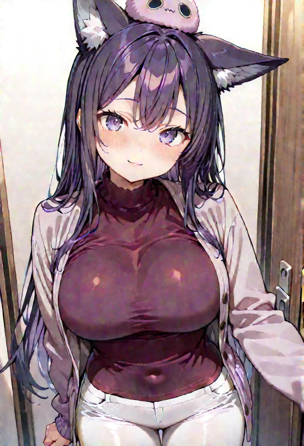 an anime drawing of a woman in purple pyjamas kneeling down, 1girl, breasts, pajamas, animal ears, hanekawa tsubasa, solo, black hair, cat print, long hair, cat ears, large breasts, cleavage, glasses, blush, all fours, fang, looking at viewer