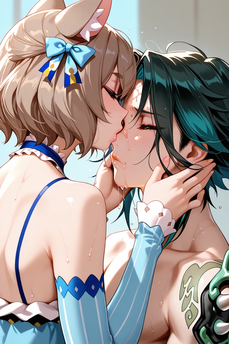 Two girls, blonde hair, blonde eyes, he wears a white hairpin on his head, the picture is portrait style, it is a close-up shot. Two girls wearing (white erotic lingerie), their skin looks fairer under bright lights. They may be standing in a bathroom or cozy room with romantic white walls and soft lighting in the background. Intimate hugs: Describes two girls hugging each other, snuggling up to each other, revealing intimate emotions. symmetrical_docking, (looking_at_another:1.3), (facing another: 1.3)
Gentle touch: Describes two girls gently touching each other's cheeks or shoulders, showing tenderness and honey between them.
Look at each other affectionately: Describe two girls looking at each other affectionately, conveying mutual love and tacit understanding through their eyes.
Kiss on the cheek: Describes two girls kissing each other on the cheek to express their friendship and greetings.