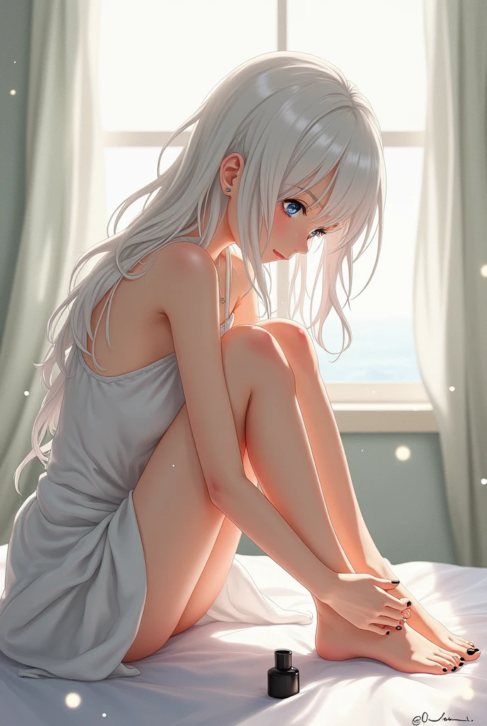 Female, White hair, Shy, Bare legs,