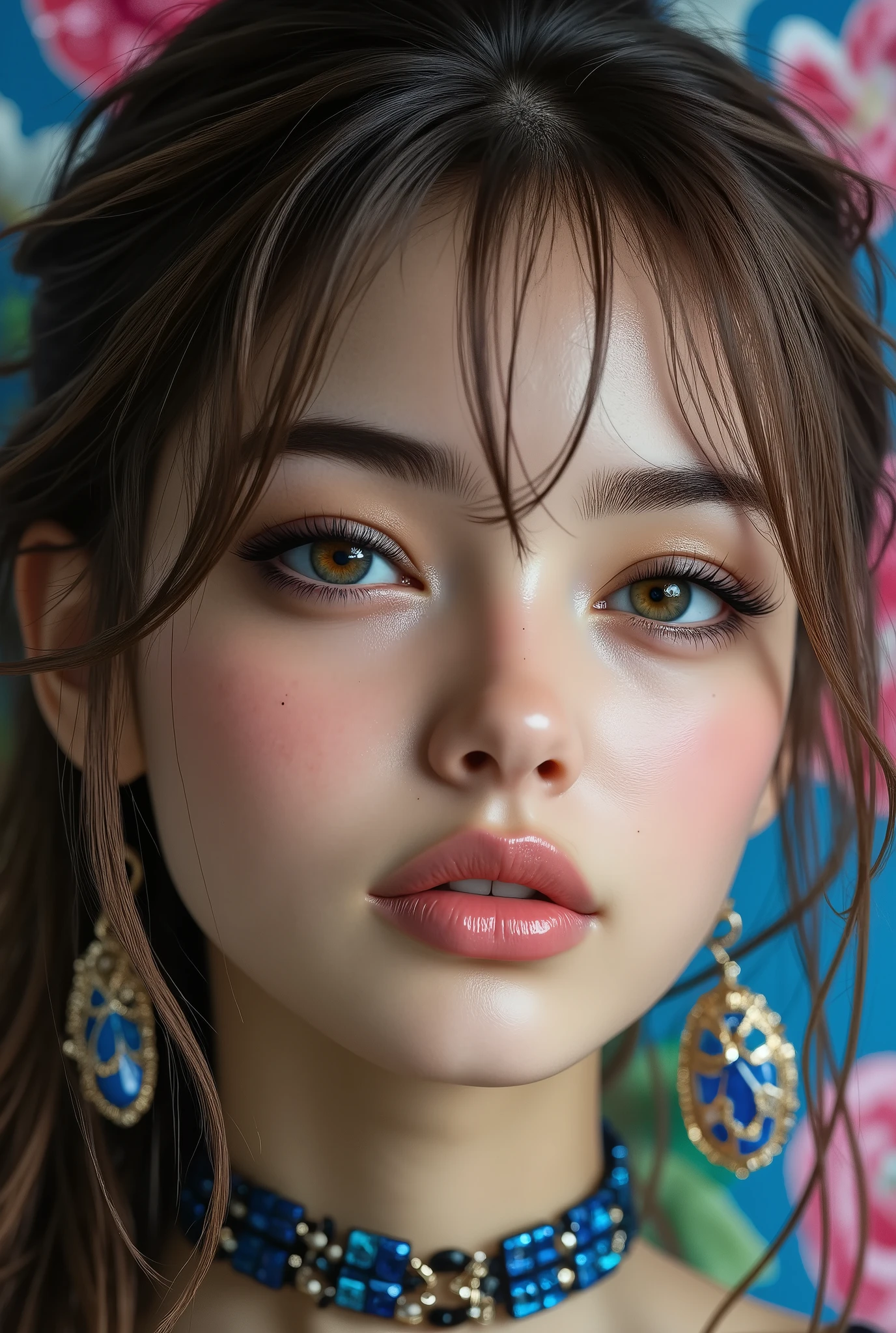 Realistic, (Photorealistic realism), ((ultra quality, extremely detailed digital art)), ((focus on extremely Realistic Proportion Body, Anatomically Correct:1.2)), Beautiful Girl, "ultra details Eyes: (acid-resistant terminology) (macro-details:1 . 25): * Moist corneal surface (visible aqueous layer:1 . 2) * Hyper-detailed iris stroma ((brown) with gold flecks) * Precise limbal ring (slightly darker pigmentation:1 . 22) * Pupil micro-texture (irregular edge authenticity:0 . 9) * Vasculature in sclera (subtle red veins radiating from limbus)" - "Lashes: blue individual synthetic fibers (crosshatched roots:1 . 2 , clump-free separation)" Technical Specs: (Optics: - "Zeiss Otus85mm f/1 . 4 lens (eye refraction calculations:1 . 3)" - "Shutter Speed:1/500 (freeze eye micro-movements)" - "Focus Stacking:7-point coverage on iris plane") (Post-Processing: - "Frequency separation for skin vs eye details" - "Selective sharpening: eyes200% , hair80%" - "Denoise: luminance20 , color35 (retain corneal speculars)") (Avoid: "pupil distortion , uncanny valley asymmetry , plastic-like wetness") UHD, perfect female body, {((Beautiful long legs in good style:1.35))}, ((no bra, no panties:1.3)), (medium butt), (skinny body build),(perfect hot model body:1.4), ((slim belly: 1.2)), (muscular body), dress a beautiful girl with a perfect figure in something nice, made of available materials (((latex), (lacy), (((leather))), ((jewelry)), steel, chains, chainmail, bracelets, pendants, earrings, everyday items)), I encourage you to draw them at the same time, ((Use any technique, any style, any outfit, Sew, ((embroider)),choose the color of your eyes, hair and even hairstyles)), ((I encourage you to choose the right background for your phenomenally drawn creation)), (Use any technique, any style, any outfit, arms tattoo,((micro skirt)),angelic cute face,white teeth, perfect beauty, long eyelashes, neon pink lips, oiled skin (psychedelic background, paranoia background),