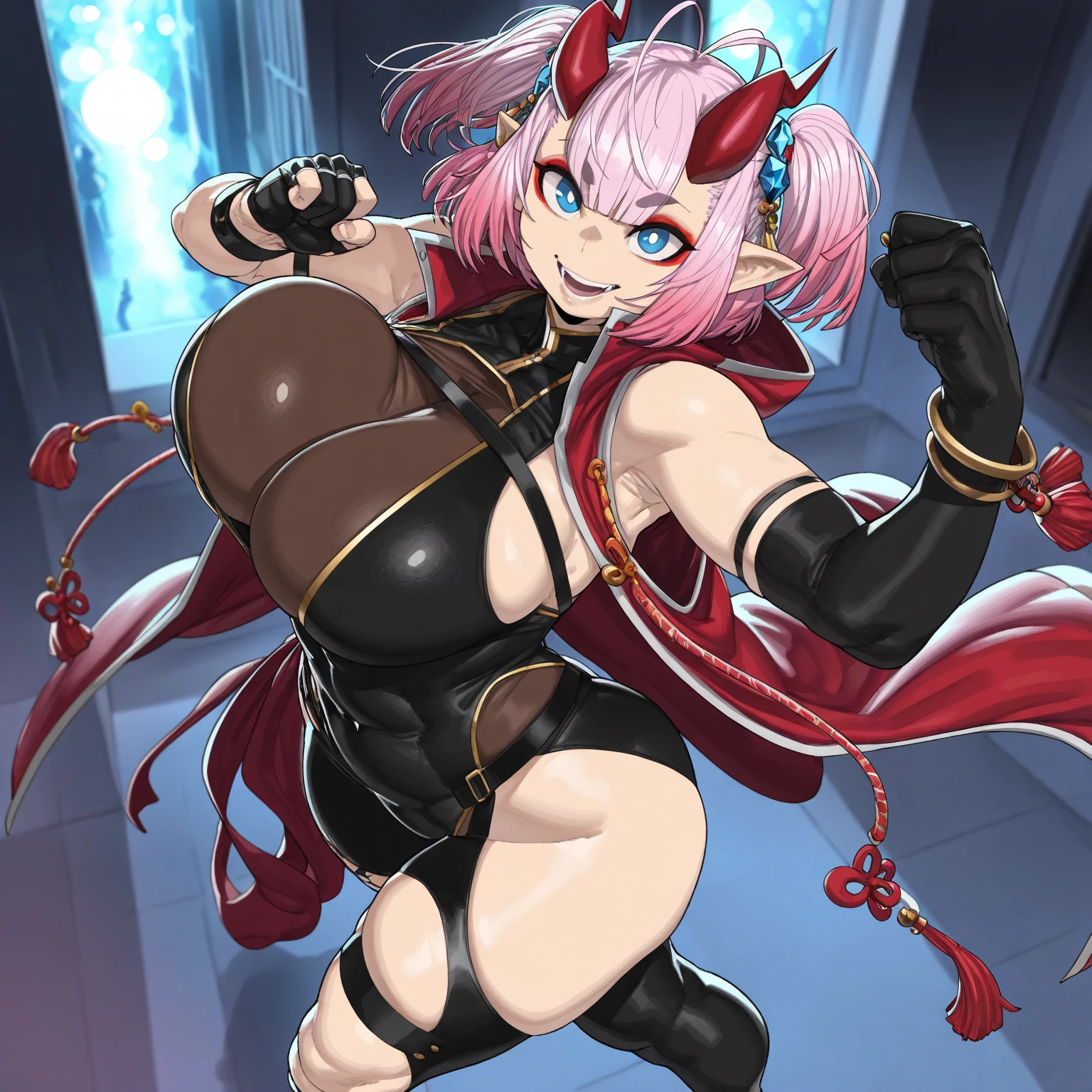 score_9,score_8_up,score_7_up BREAK {prompt}, succubusxl,pink hair,demon horns,demon tail,pointy ears,pink eyes,smiling,collared cape wings, long hair, thigh high,detached sleeves,necktie with bell,wrist cuffs,purple strapless top,pink underwear, underworld,night,large breasts, curvy.anime artwork, score_9, score_8_up, score_7_up, score_6_up, score_5_up, score_4_up, breast size D,Big hips, High quality, Smile,Hiromitsu Takeda/Hiromitsu Takeda/True pearl shells,masterpiece, best quality, big breasts
