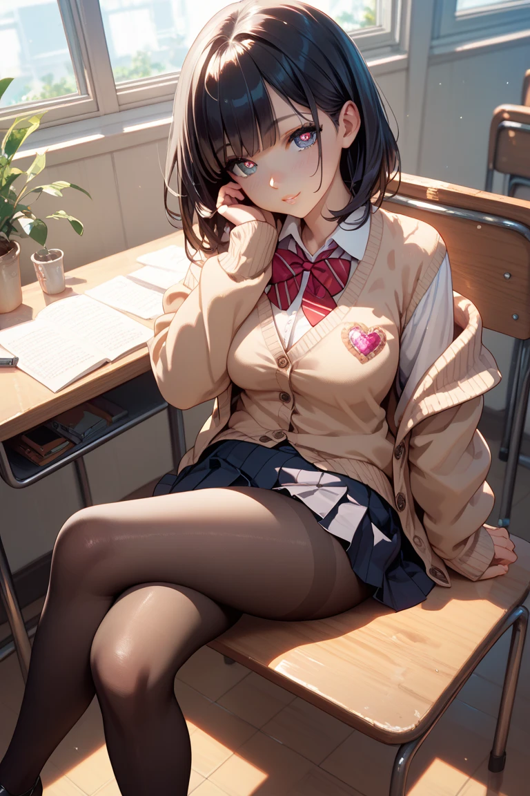the best, masterpiece, HD, (whole body), frontal lobe, Symmetrical, mature high school girls, alone, (whole body from head to toe), small breasts, long hair, slightly messy hair，Black hair, (black leggings), ( (black pantyhose), black pantyhose, (composition where she is made to sit and lift her leg and make her leg open), composition Showing white panties, slender beautiful leg, a very pretty 17 year old girl (no shoes) leg), blush, shy big eyes, messy hair, looking at camera, Showing white panties, White ruffled underwear，I can see white panties, High School Suit Jacket, High school white shirt, high school with blue ribbon, High-end short plaid navy blue pleated skirt