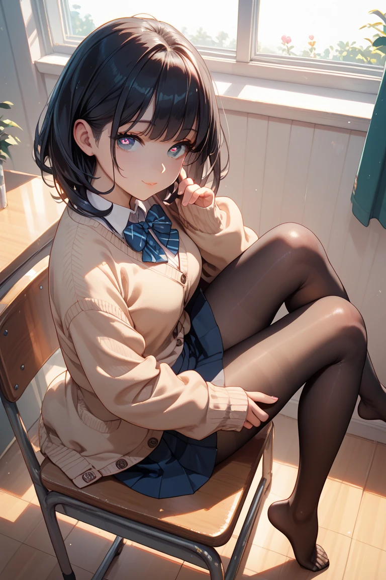 finest, masterpiece, High resolution, (Full body view from head to toe), front, Composition from slightly below the front, Symmetrical, 18 year old girl, alone, (whole body from head to toe), small breasts, brown hair, slightly messy hair, long hair, bangs, (black tights), ( (black pantyhose), black pantyhose, (squating pose), (bondage), (spread legs), (tie one's hands behind one's back), (Her legs are spread and her white panties are visible between her legs.), composition show me your white panties, slender beautiful legs, very beautiful 18 year old girl, (not wearing shoes), blush, shy big eyes, messy hair, looking at camera, show me your white panties, Hide your arms behind your back, Blazer Uniform, plaid pleated skirt, beige cardigan