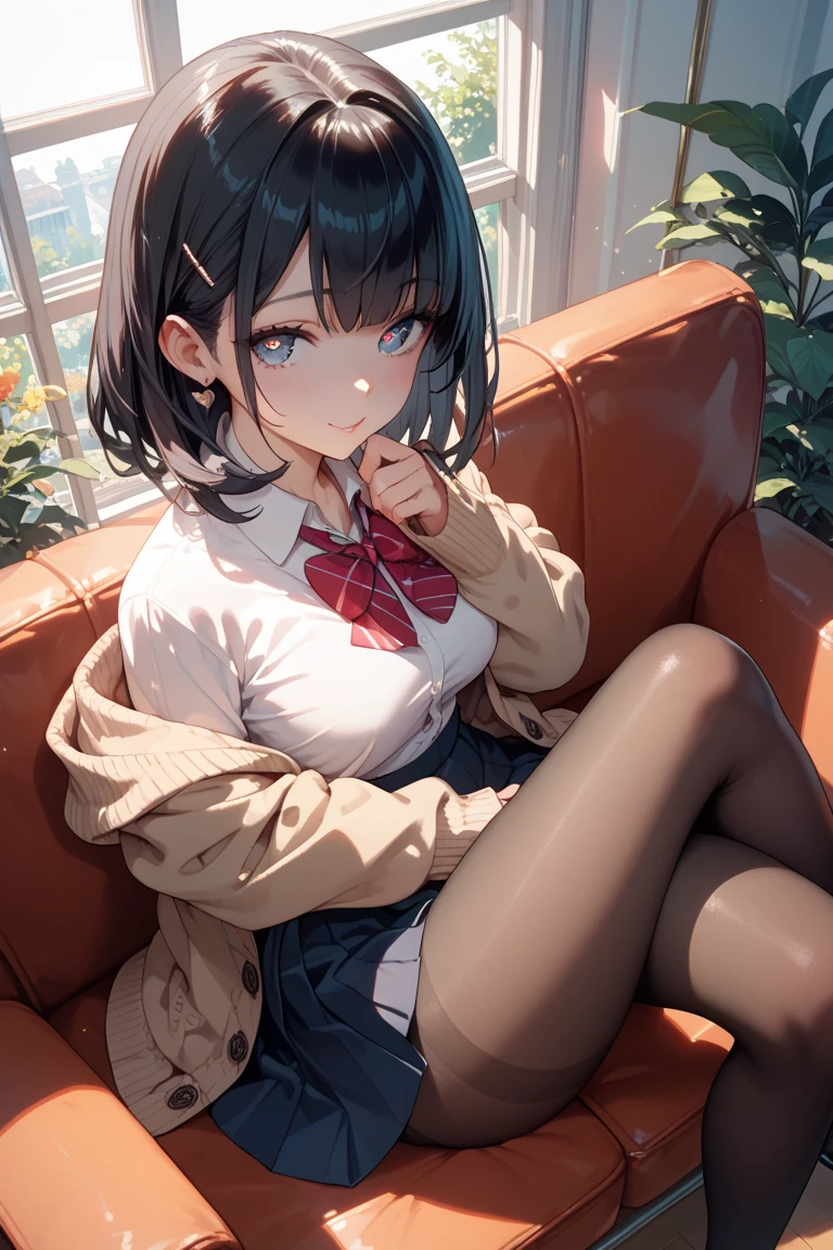 (最OK质量), ((masterpiece)), (high resolution), illustration, The original, Very detailed,Debger,1 girl, (Miyu Edelfeldt),Change,camel toe,black hair,brown eyes,Poker , pantyhose, long hair, shirt, no shoes, legs crossed, sitting, Cat, plant, brown eyes, alone, underwear, indoors, bow, Bookshelf, potted plant, OK, bowtie, white shirt, looking at the audience, black hair, black pantyhose, Chair, Smile, wooden floor, dress shirt, no pants, thighband pantyhose, armChair, lamp, long sleeves, spark, black OK, collared shirt, split, Bangs, small breasts,bench,