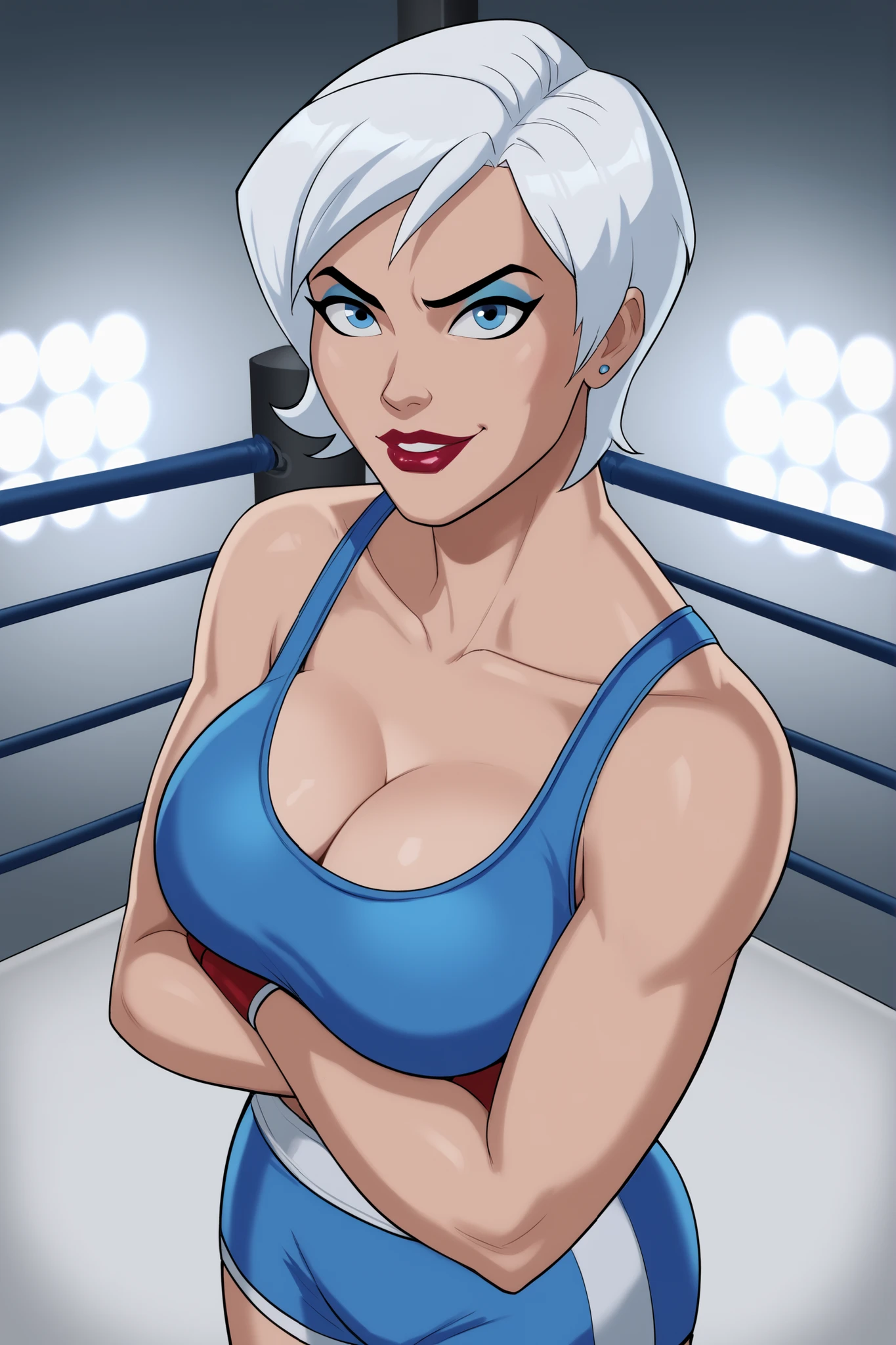BREAK, score_9, score_8_up, score_7_up, score_6_up, masterpiece, high quality, perfect face, perfect eyes, JLUIce, solo, 1girl, white hair, short hair, blue eyes, lipstick, makeup, , curvy, athletic, cleavage, smile, closed mouth, determined expression, bedroom eyes, looking at viewer, blue sports bra, white boxing shorts, indoors, boxing ring, standing, crossed arms, arms crossed, closeup, portrait, facing forward, high-angle view