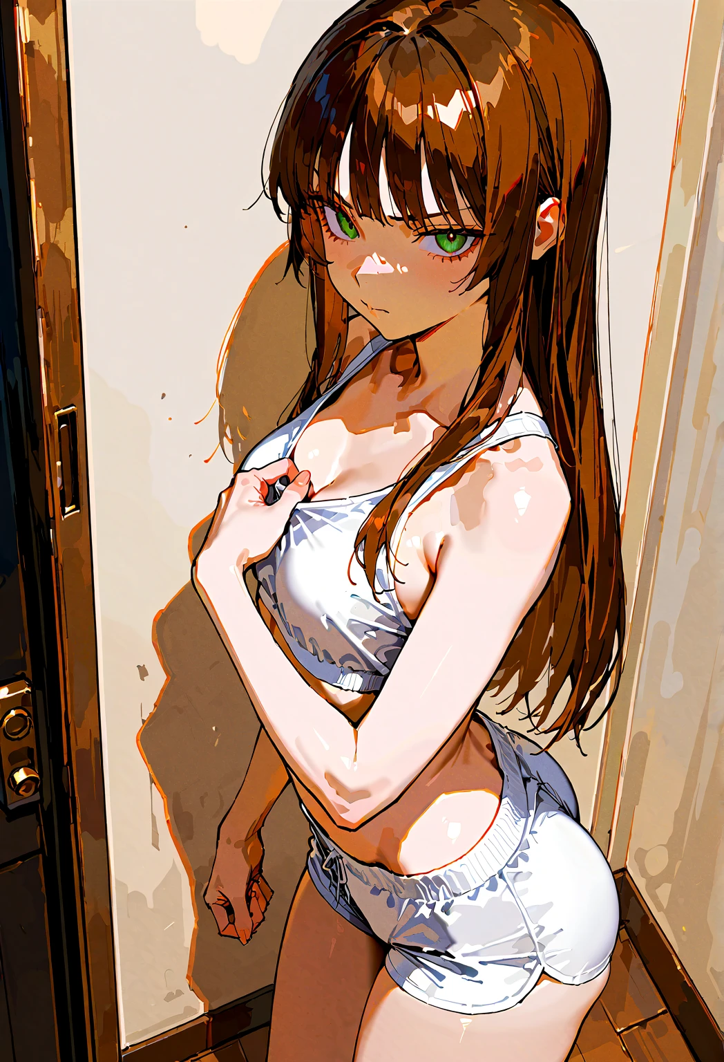 ((masterpiece,Highest quality;1.3,best illustration)),before rape,cowboy shot,1woman、25 year old beauty、独奏,((very small head:1.5)),dark brown hair,long hair,bangs,brown eyes,gorgeous eyes,blush,be scared,small breasts,((very long body:1.3)),((toned body,slender body,skinny)),gleaming skin,shiny skin,oily skin,(wet,Torn clothes、Black zip-up hoodie outer jacket、White tight T-shirt、denim micro shorts)、White sneakers、Black rucksack、kneeling,Inside the warehouse、Concrete wall、at night、garden,nsfw,
