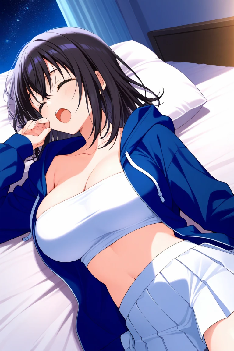 (((masterpiece))),fuyumi itadori, Anime girl characters, 1girl, solo, looking at viewer, medium hair long sleeves, cleavage, bigger breasts, closed mouth, collarbone, jacket, open clothes, open jacket, blue jacket, ground vehicle, sports bra, tall girl, horny, big ass, beautiful face,Charming, anime visual of a cute girl, screenshot from the anime film, & her expression is solemn, ahegao face, in the anime film, in an anime, anime visual of a young woman, she has a cute expressive face, still from anime, perfect breasts, she is tall, All bodies visible, ahegao face, the face is ahegao, she is horny, A perverted face, she so perverted, she smile so perverted, hd picture, 4k quality, details of the face is so good,bigger breasts,