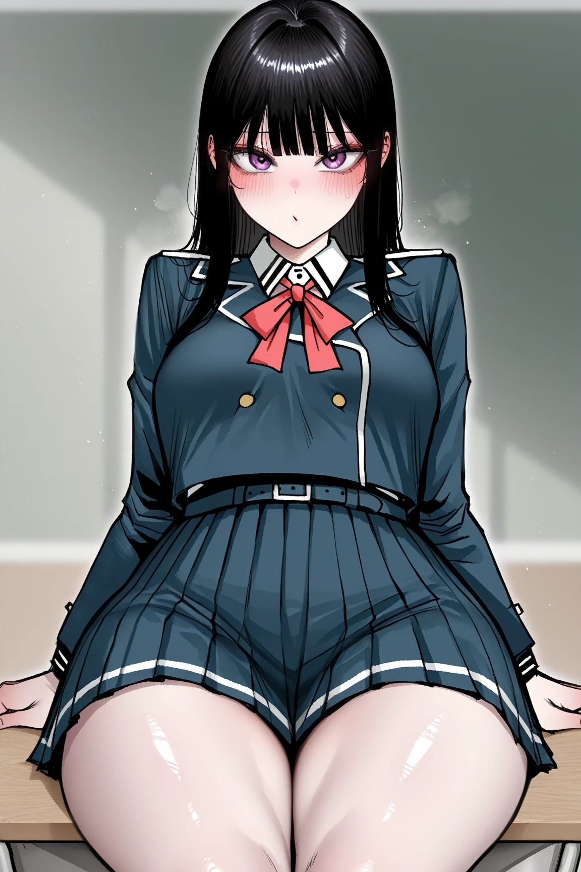 masterpiece, best quality, ultra-high-detailed, cowgirl position, straddling, 1boy, 1girl, sex, penis, Manaka Nemu, short hair, braided hair, brown hair, violet eyes, black serafuku, green necktie, black thighhighs, black skirt,
