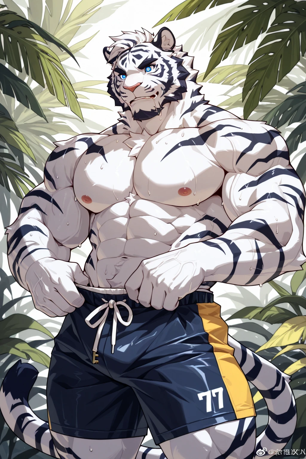 (NSFW) ,bodybuilder, tiger, solo-person, nude, soft big penis, tiger tail, dog-tag, arm flex, (ultra-clear screen)