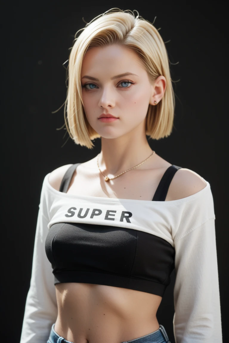 ((best quality)), ((realistic)), ((masterpiece)), (detailed), (3/4 body visable), (standing), 21 years old woman, detailed face, detailed skin, detailed eyes, black eyes, crazy eyes, detailed hands, dominant, pale skin, seduction, t-shirt, skirt, lesbian look, side mohawk haircut, short blonde hair, septum piercing, alternative look, 