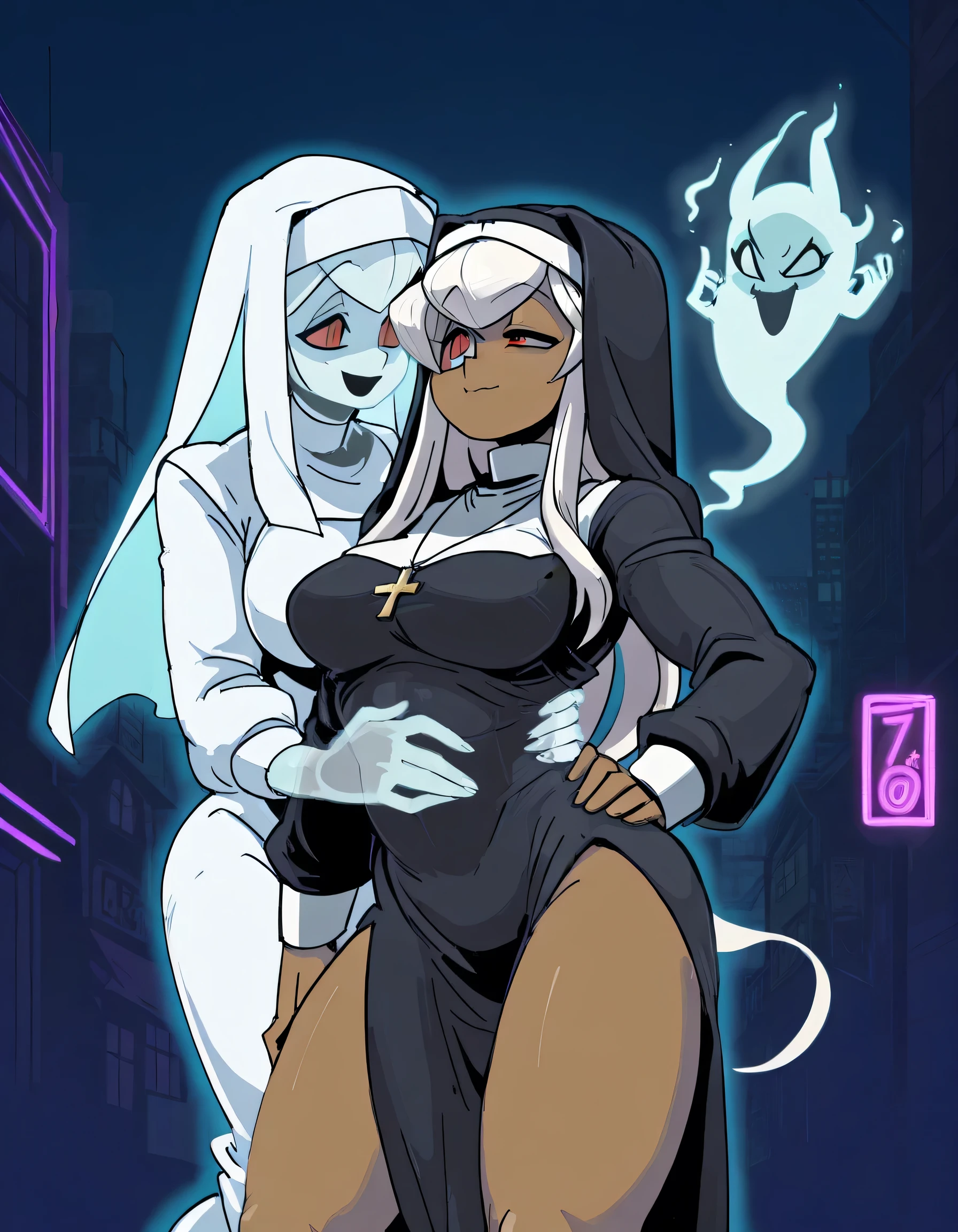 by 770mk , 1 woman , brown skin , white long hair, red eyes, hair cover one eye , mischievous face , nun costume , , leg slit dress , thighs , hand on hip , possessed by spirit, transparent body spirit male,body with blue aura, grab her waist , face to face , night , neon light , city light background